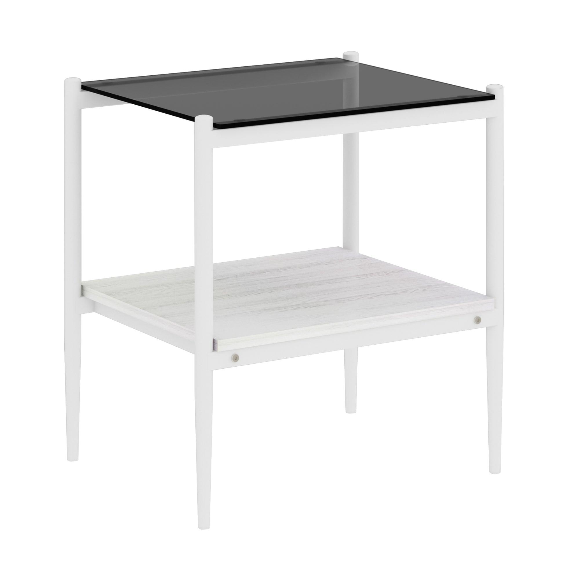 White metal end table with black glass top and woodlook shelf