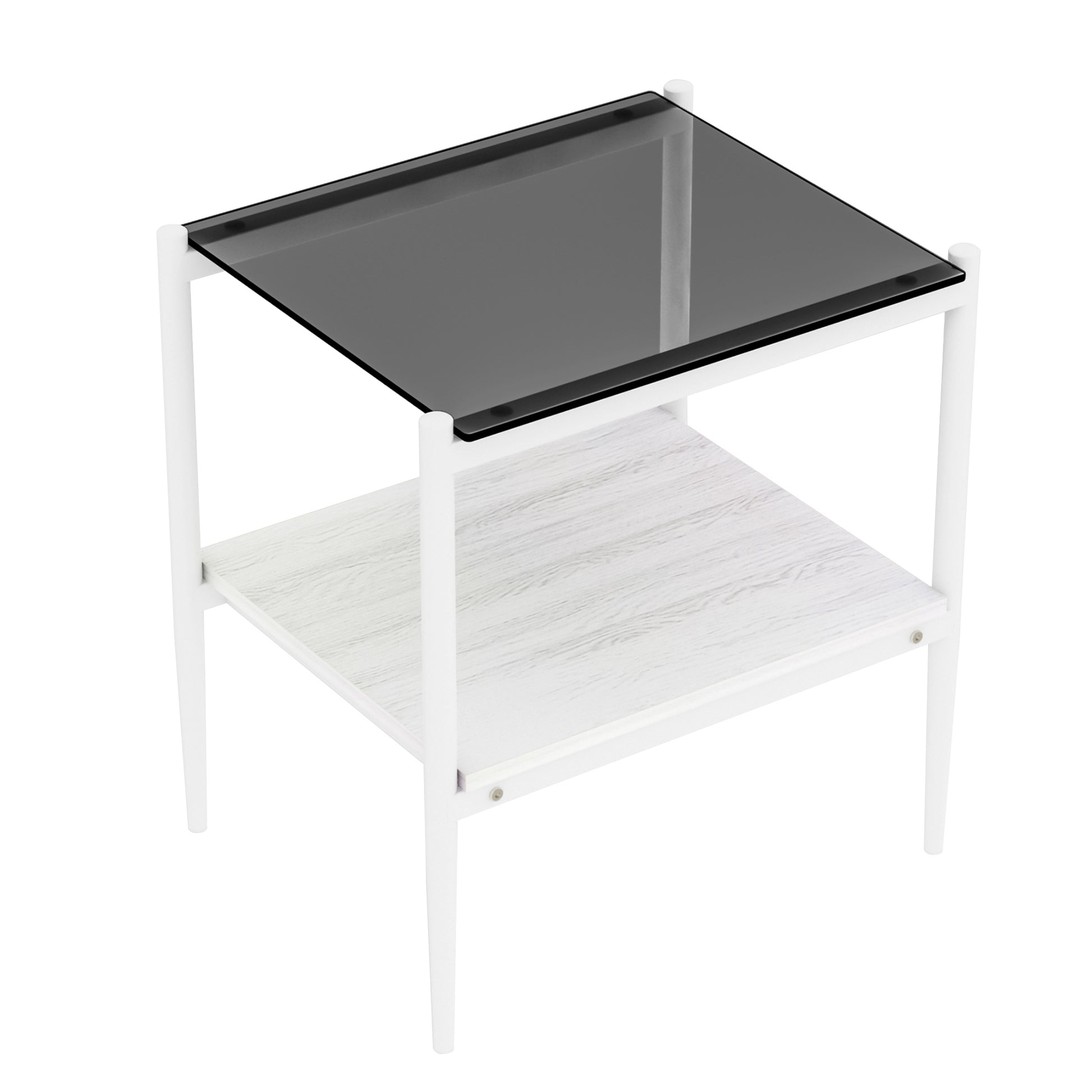 White end table with smoked glass top and wood grain shelf