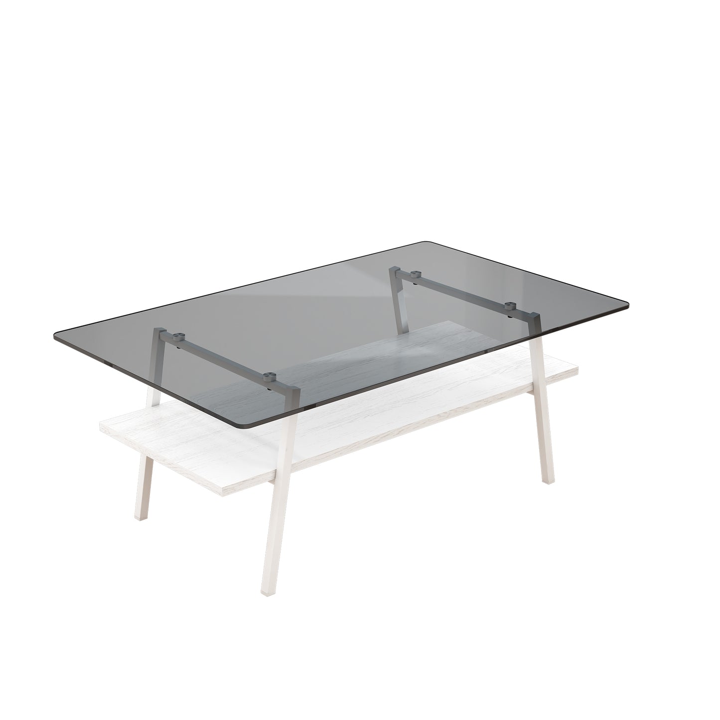 Modern rectangle glass coffee table with white wood shelf and metal frame