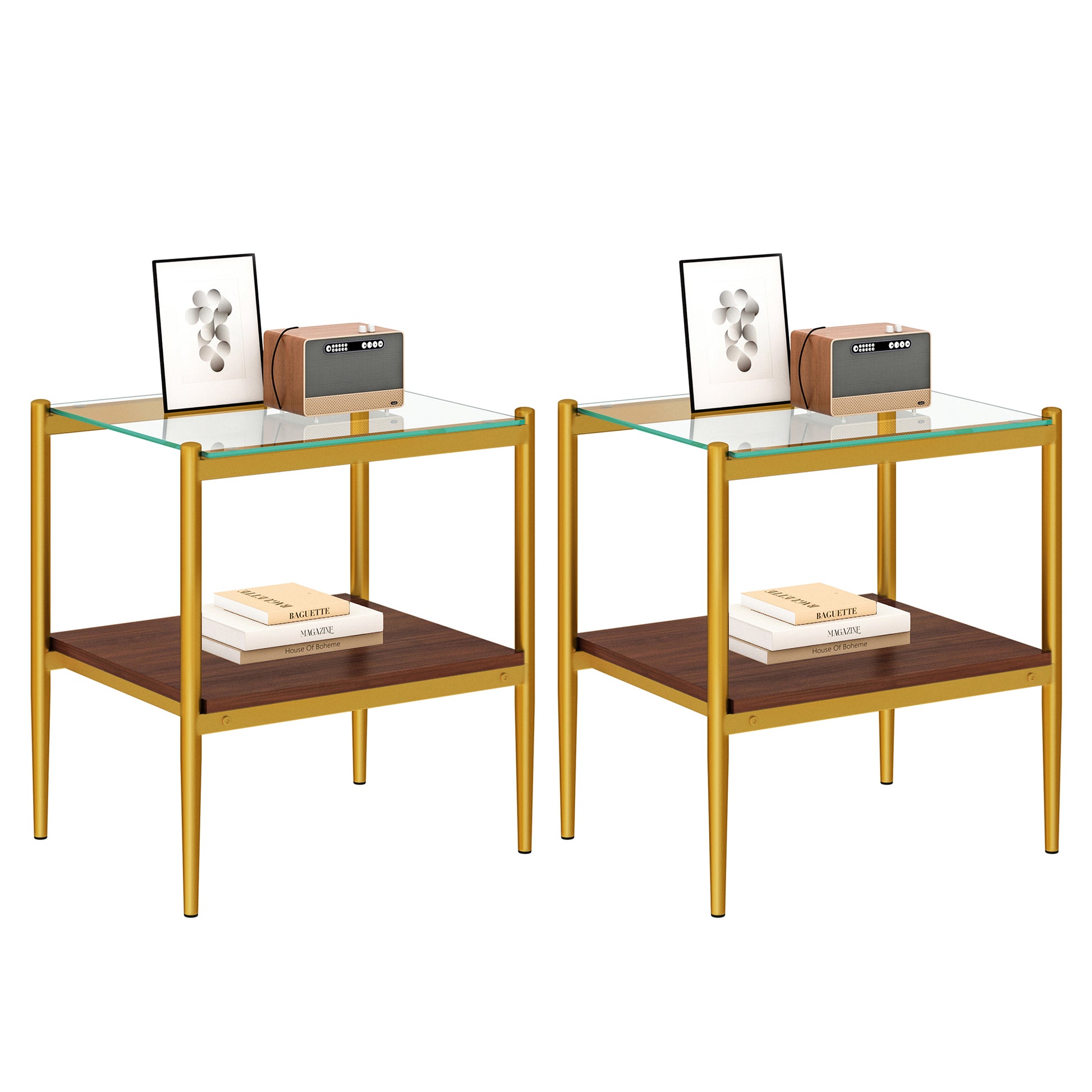 Modern gold accent table with glass top and wood shelf holding books