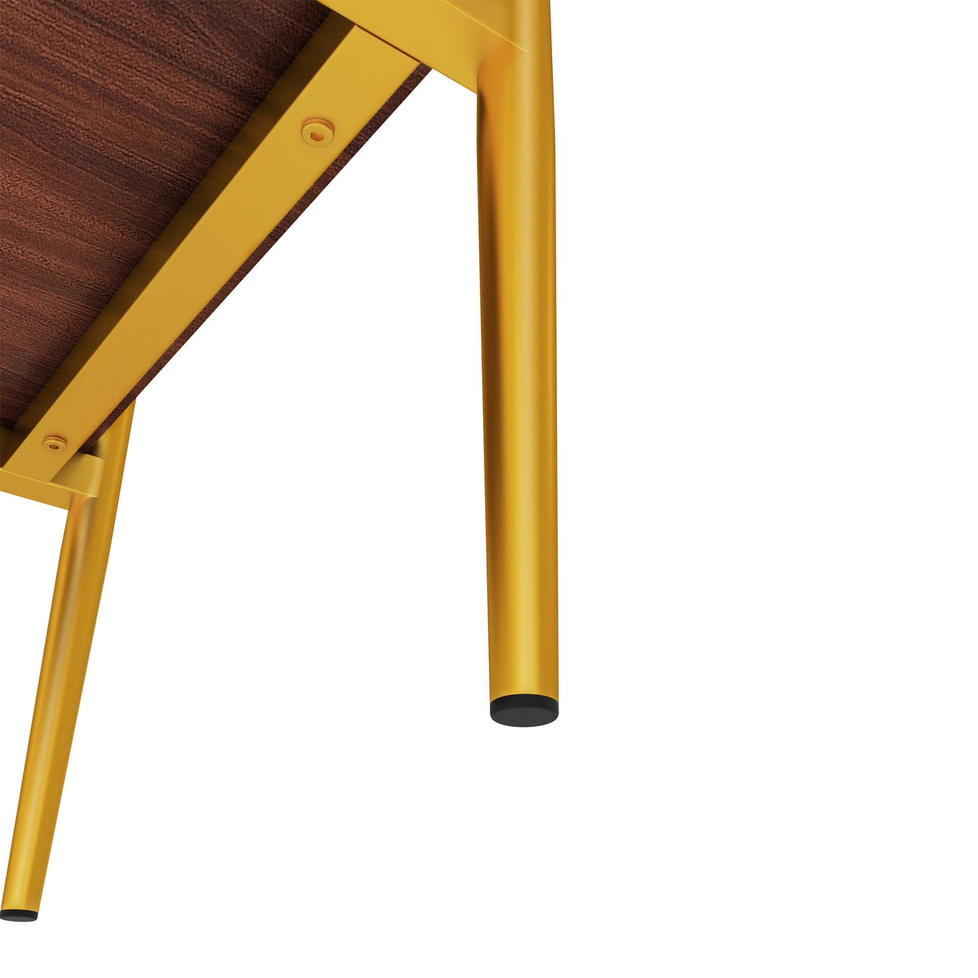 Gold metal table leg with dark wood tabletop detail