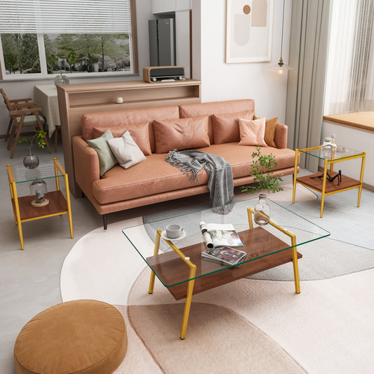 Modern glass coffee table with walnut finish and gold metal legs a stylish living room centerpiece