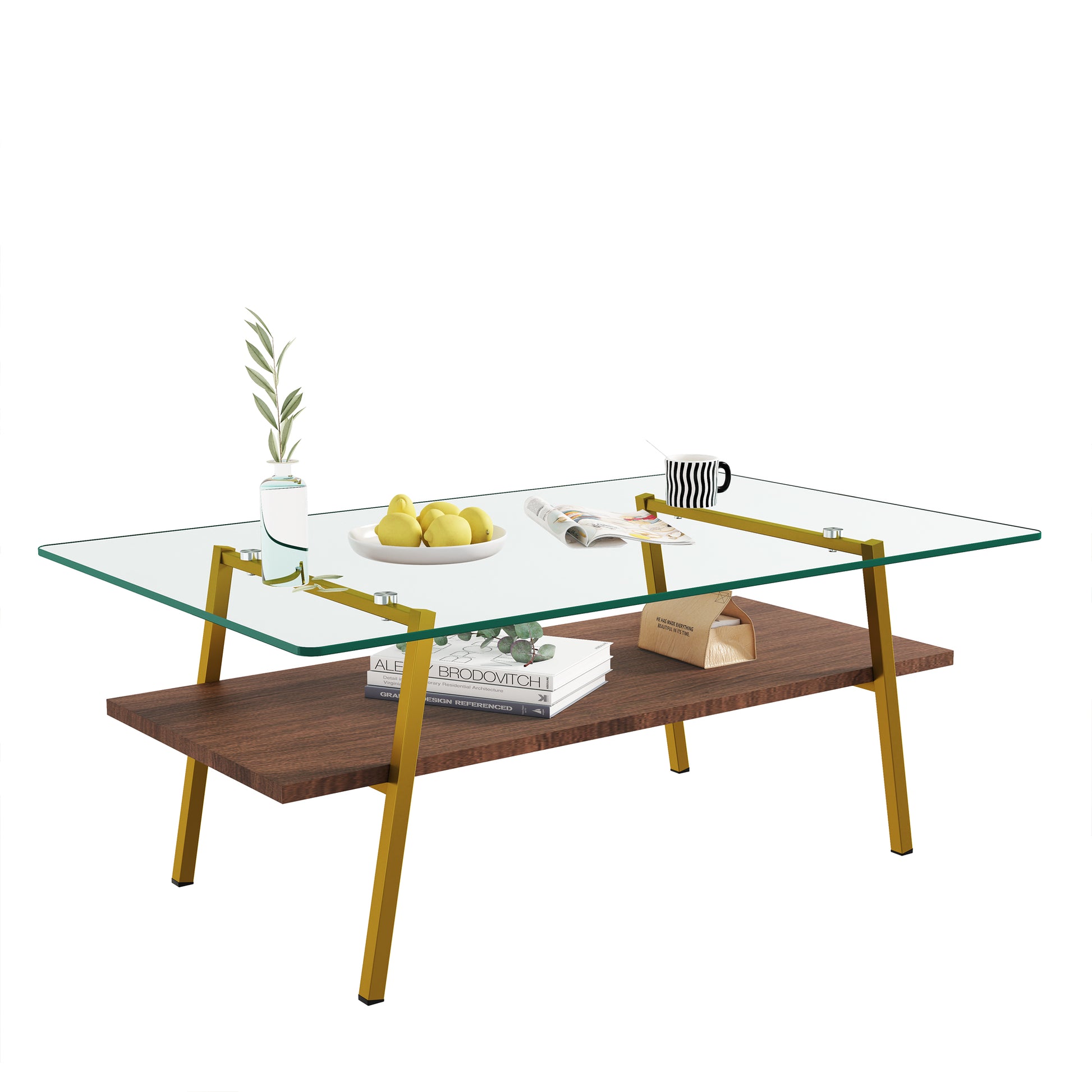 Modern glass coffee table with gold metal legs and two tiers for storage