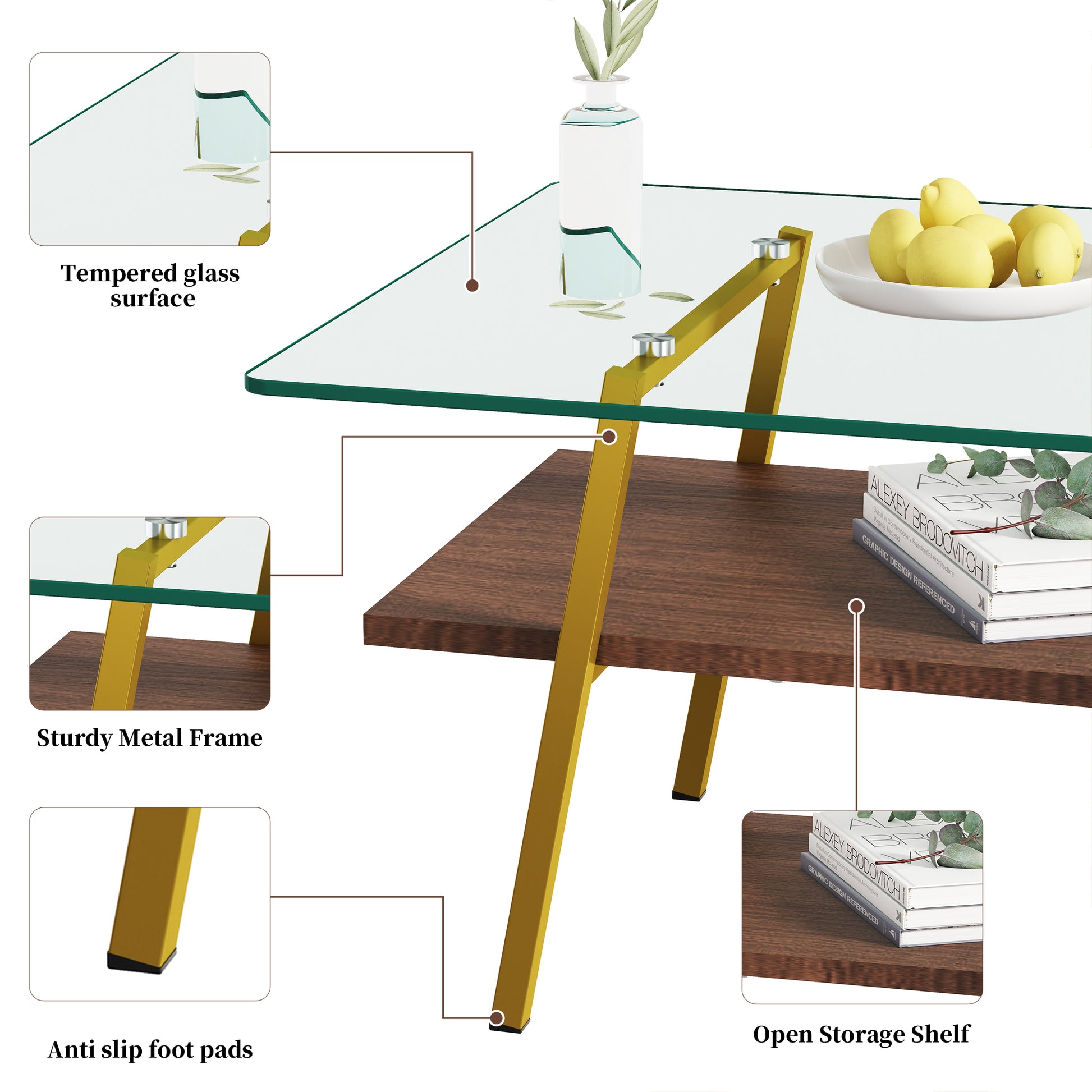 Modern coffee table with tempered glass top and gold metal frame