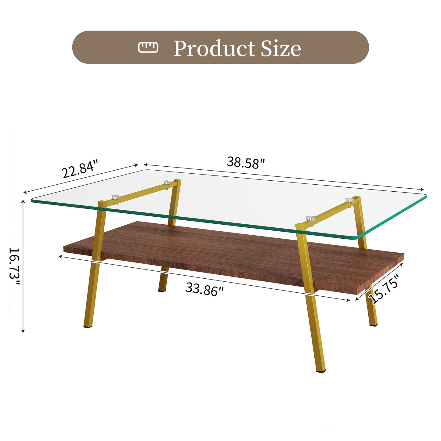 Glass top coffee table with walnut veneer shelf and gold legs