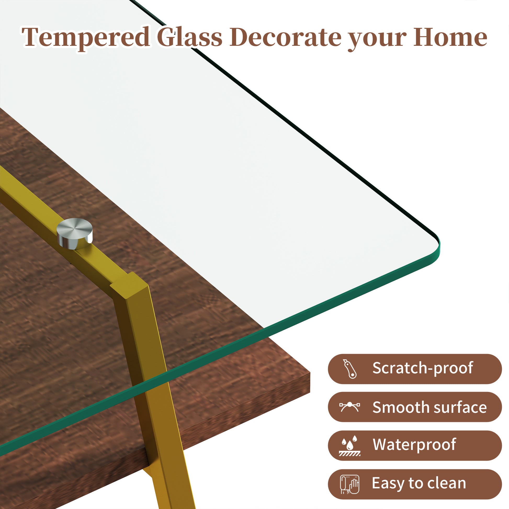 Tempered glass tabletop with gold metal frame and wood grain shelf