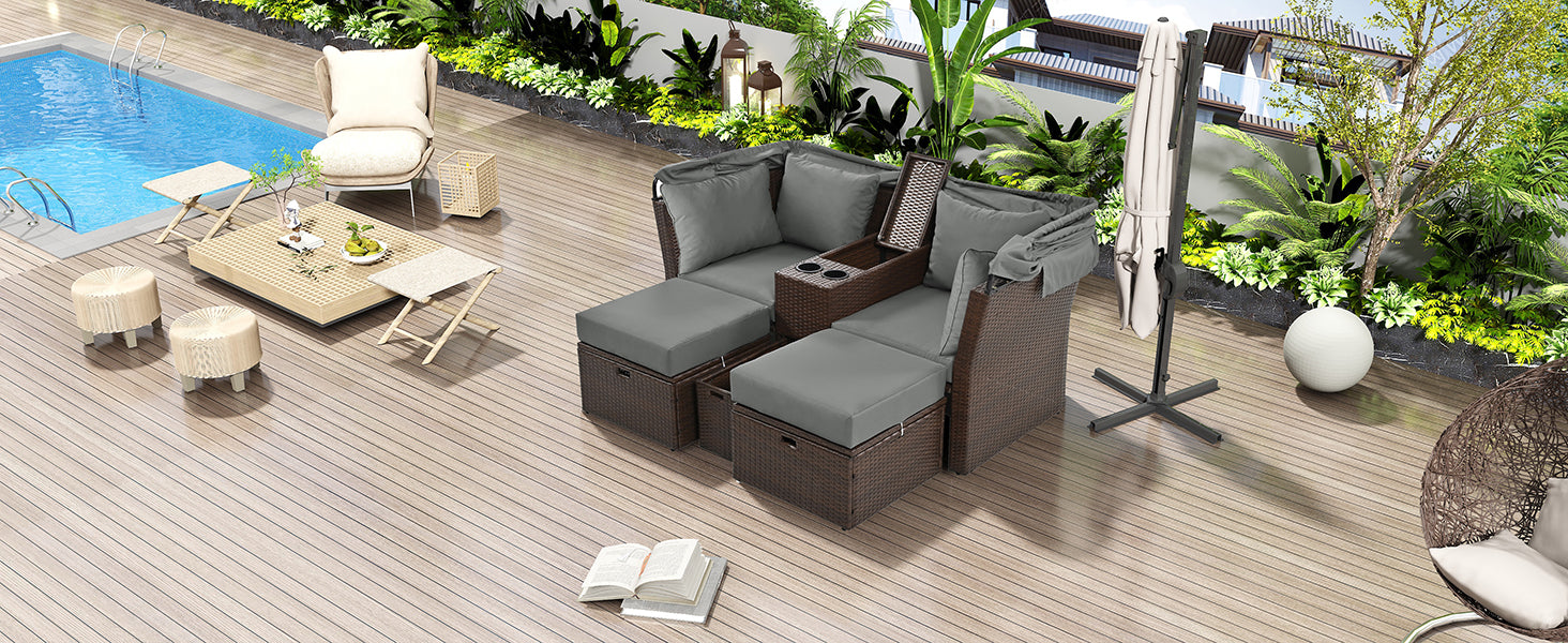 Dark brown rattan sectional sofa with grey cushions ideal for patio relaxation