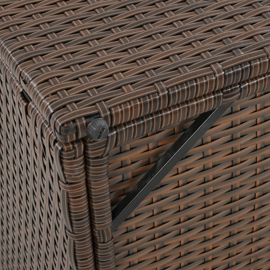 Brown rattan storage bench with black metal accents