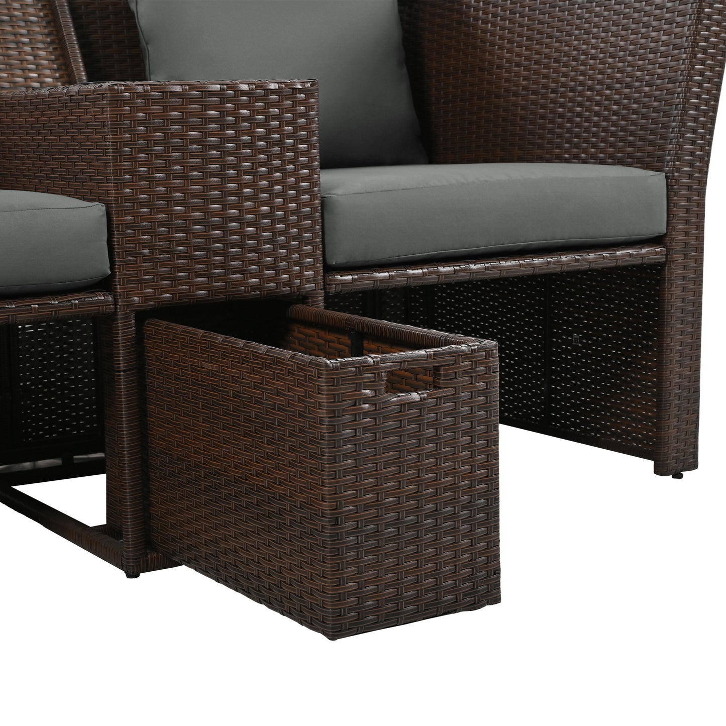 Dark brown wicker sectional with grey cushions and integrated storage bin