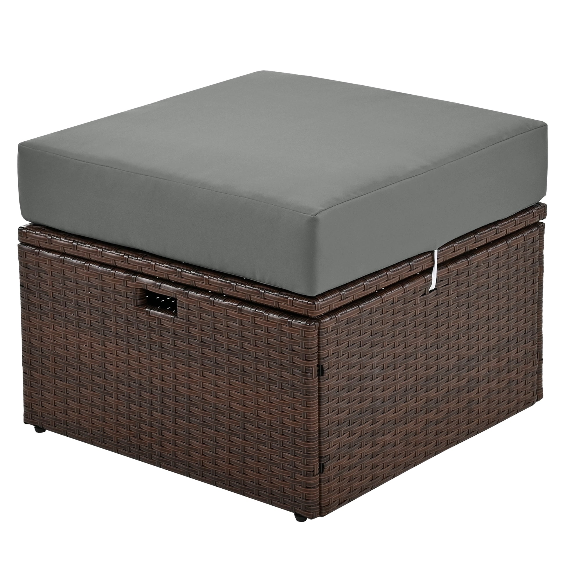 Brown wicker storage ottoman with a gray cushion for outdoor patios