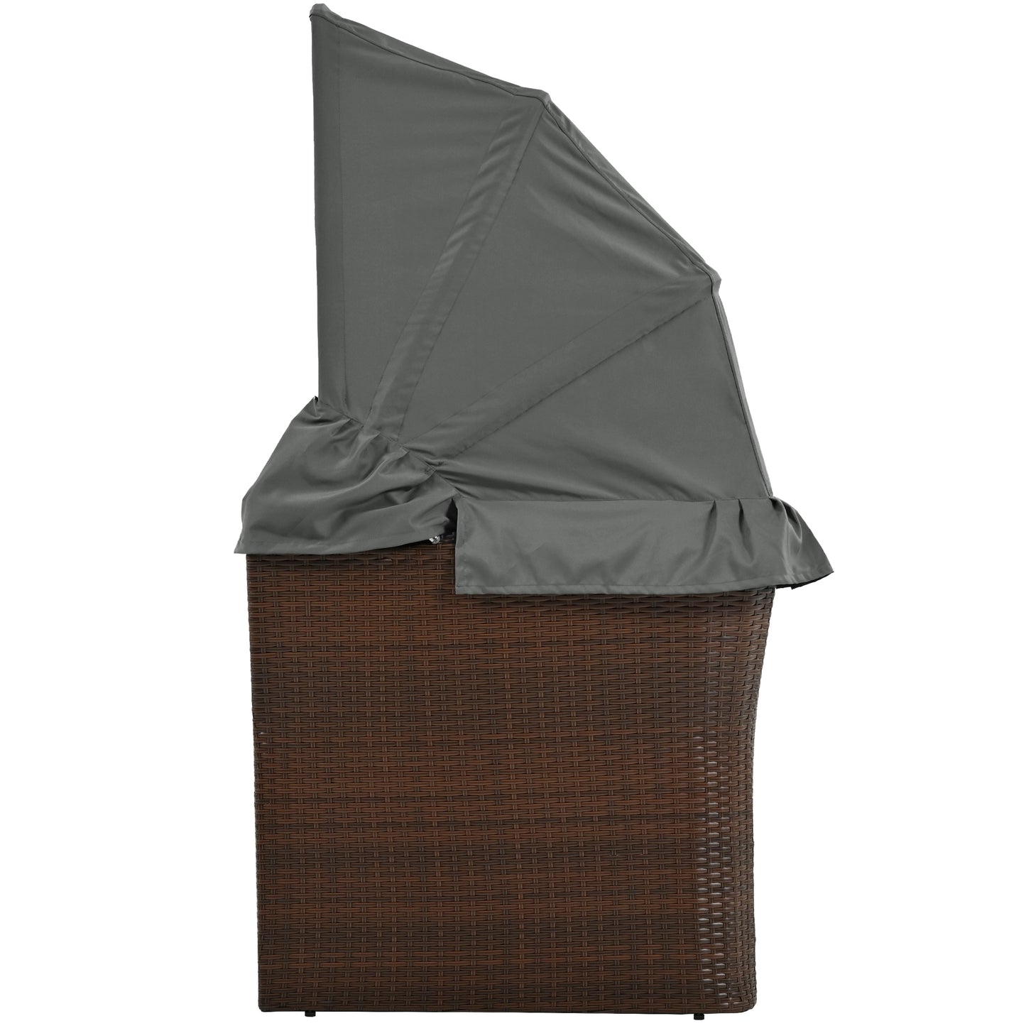 Dark brown wicker storage bin with a fitted gray waterproof cover ideal for outdoor patio use