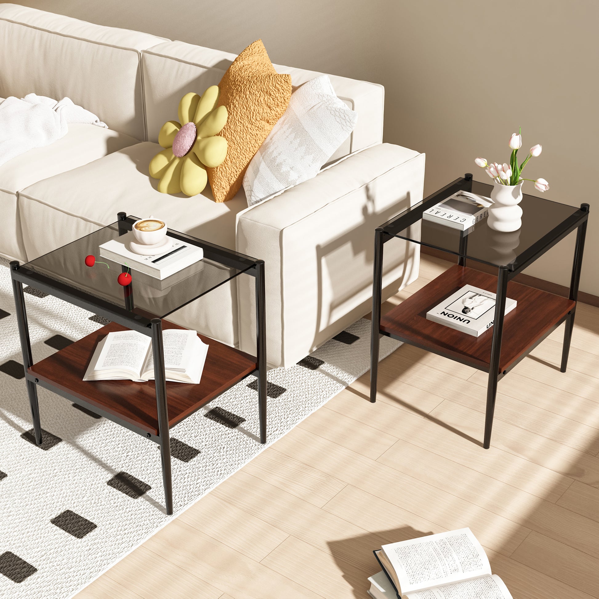 Sleek black metal end table with two wood shelves and a tempered glass top