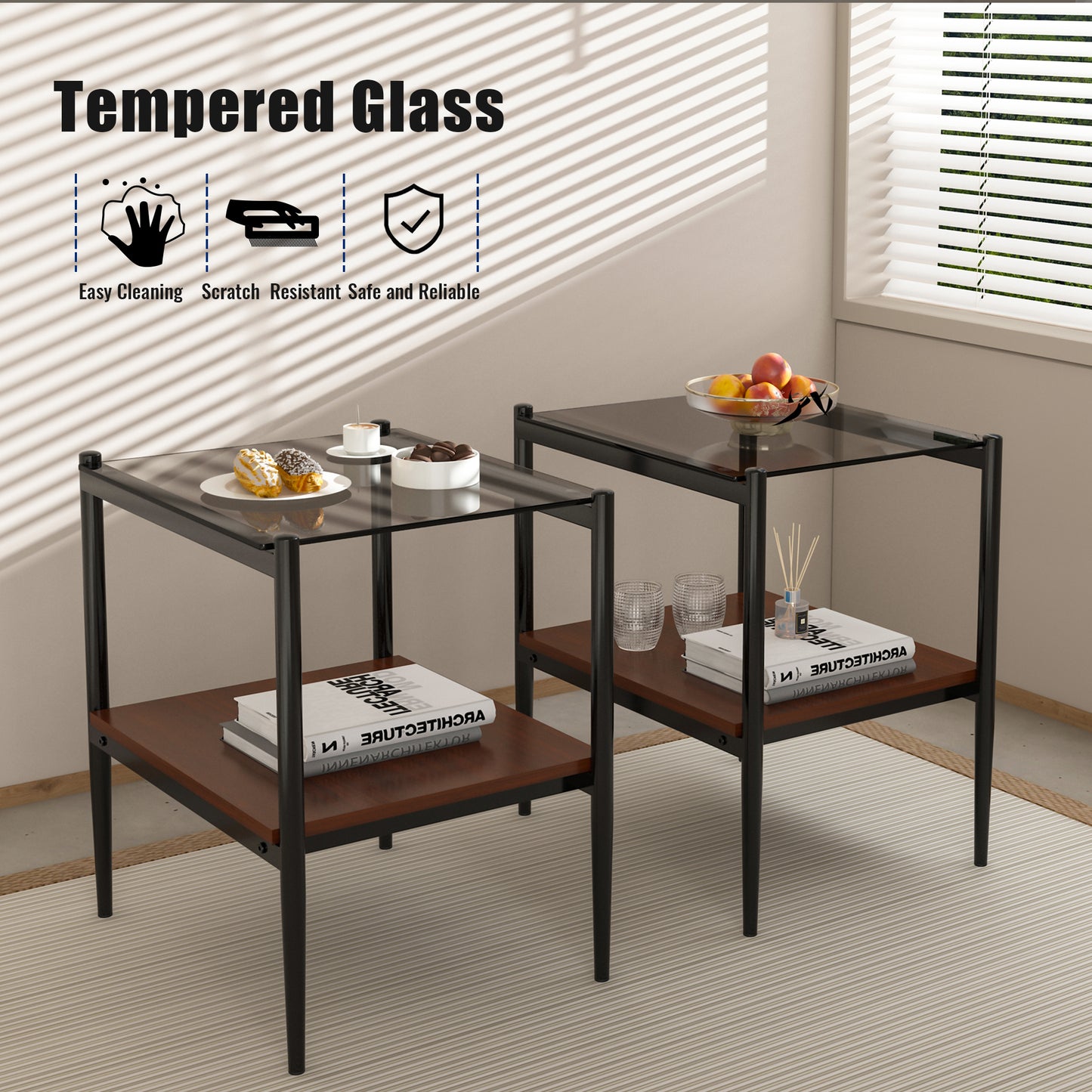Tempered glass top side table with black metal frame and wood shelf