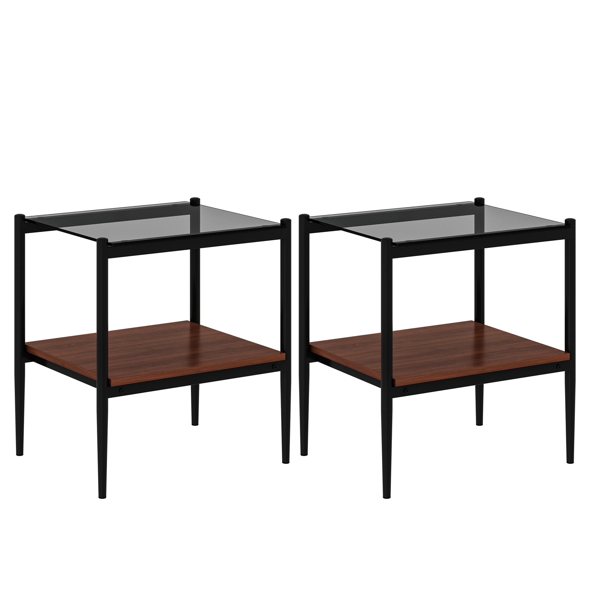 Pair of black metal side tables with glass tops and walnut shelves