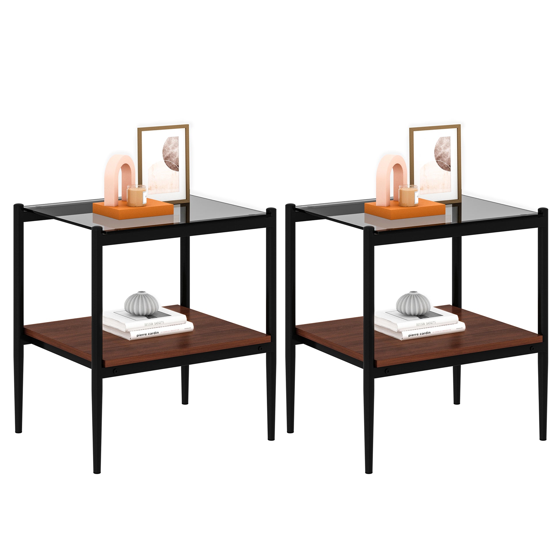 Modern black metal end table with glass top and walnut shelf ideal for living rooms