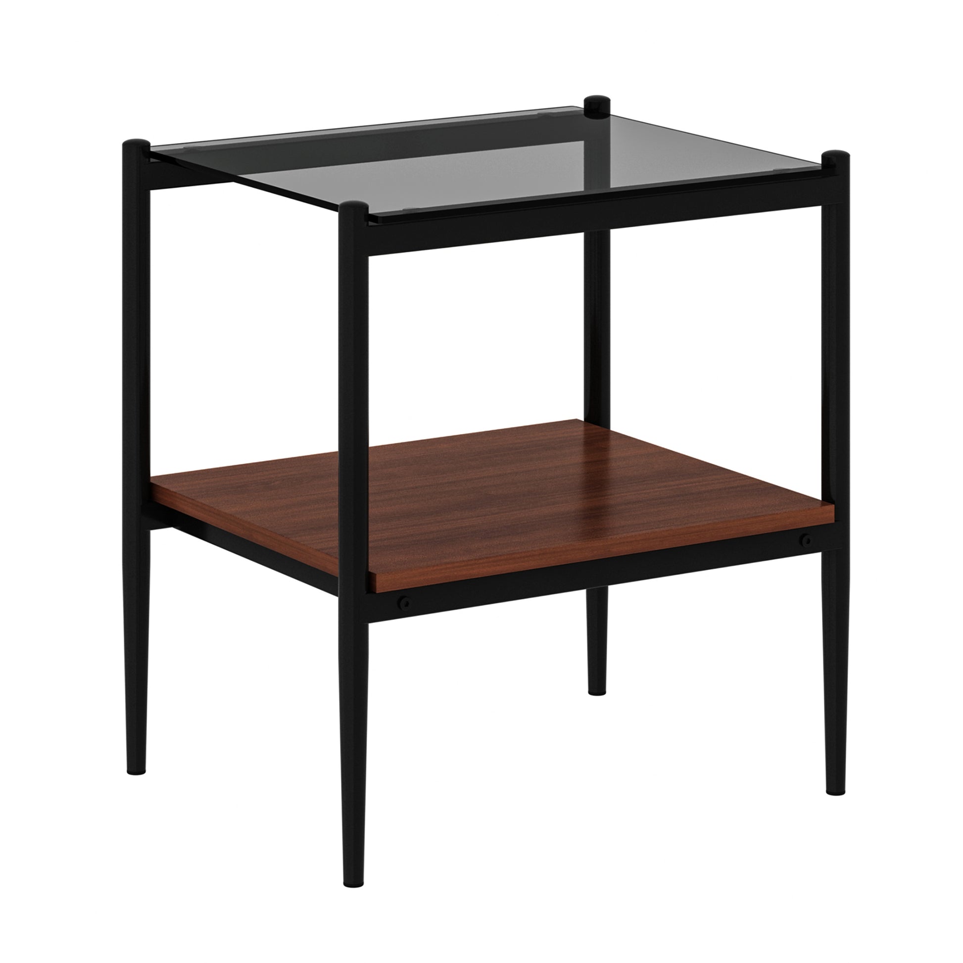 Black metal end table with tempered glass top and walnut shelf
