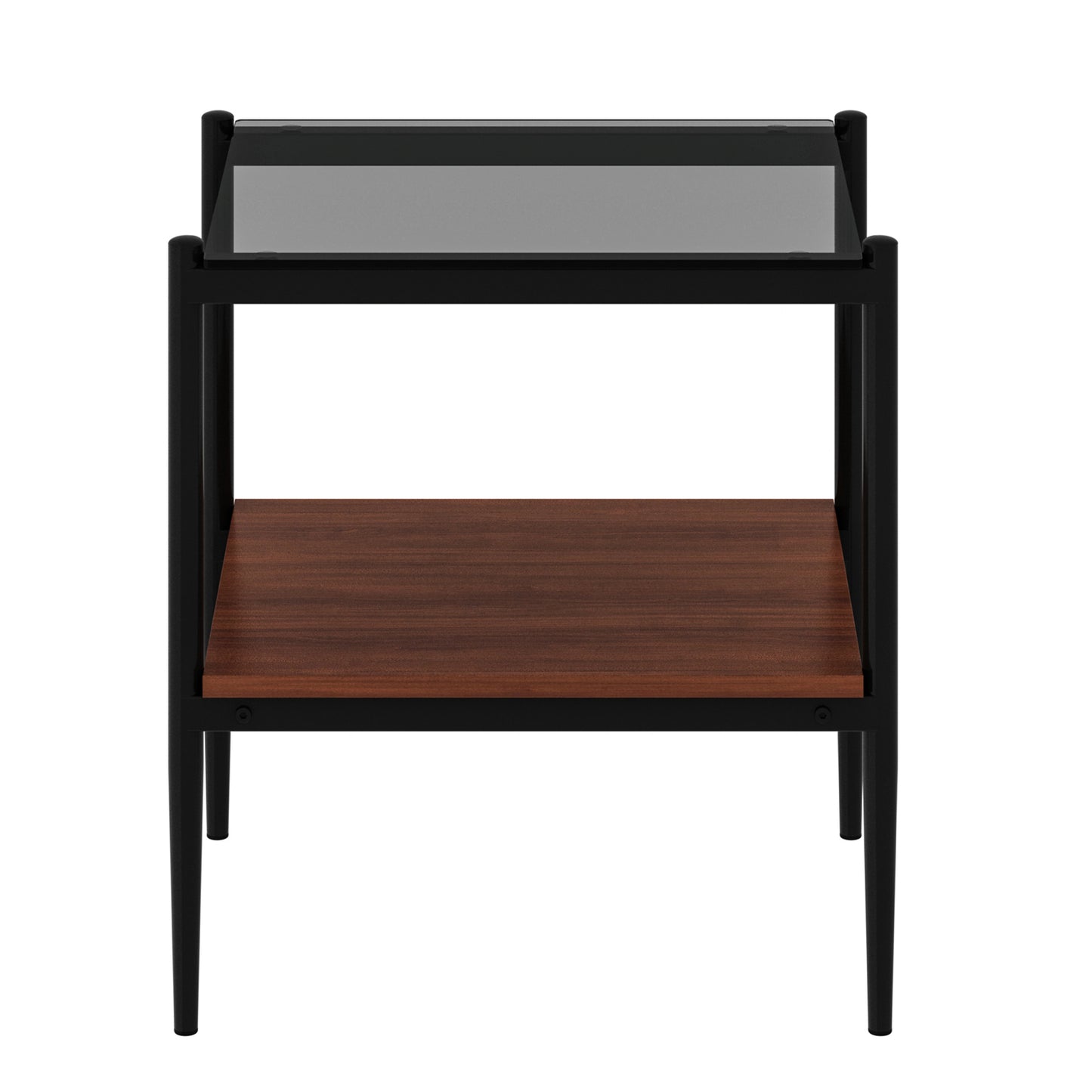 Black metal and dark wood side table with tempered glass top and open shelf