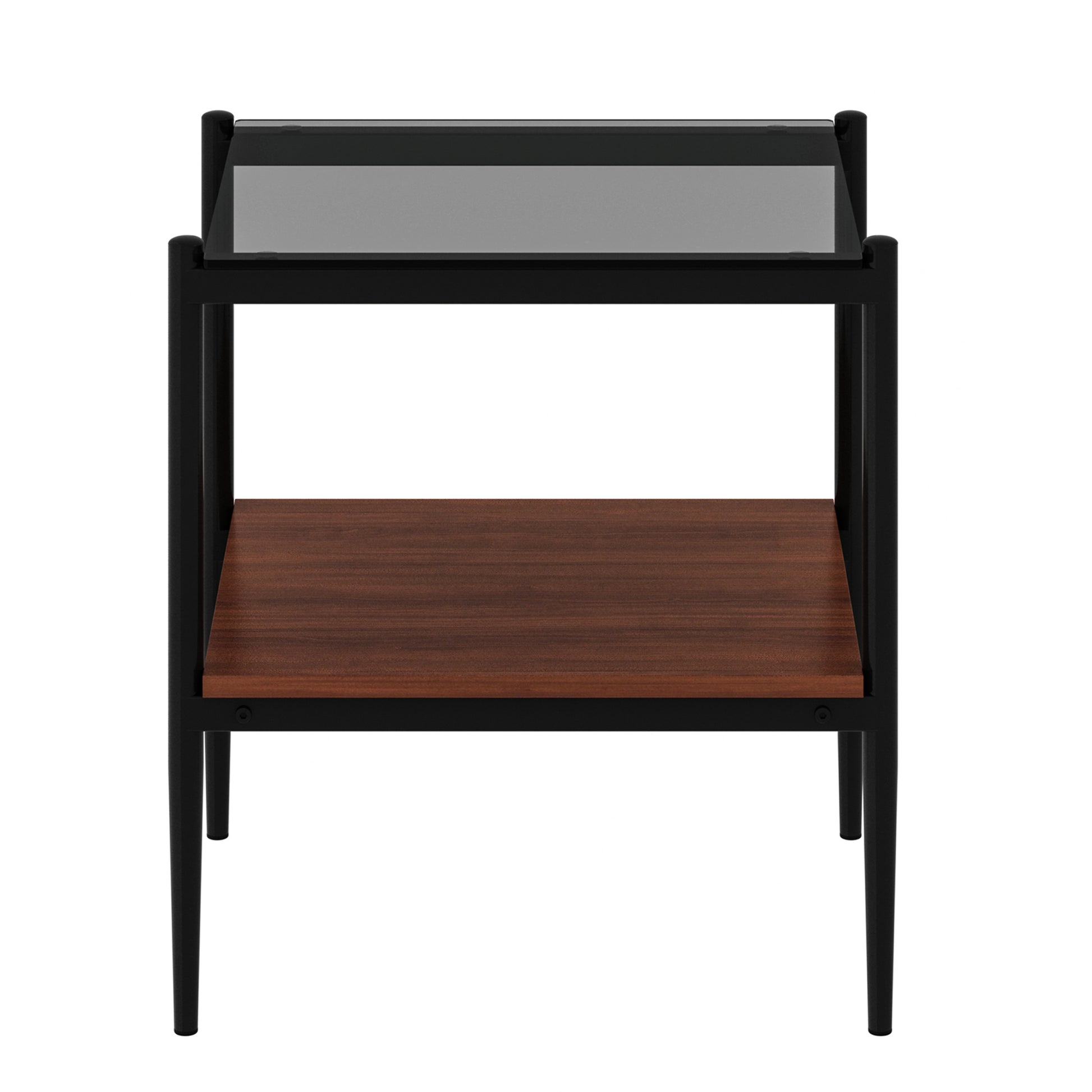 Black metal and dark wood side table with tempered glass top and open shelf
