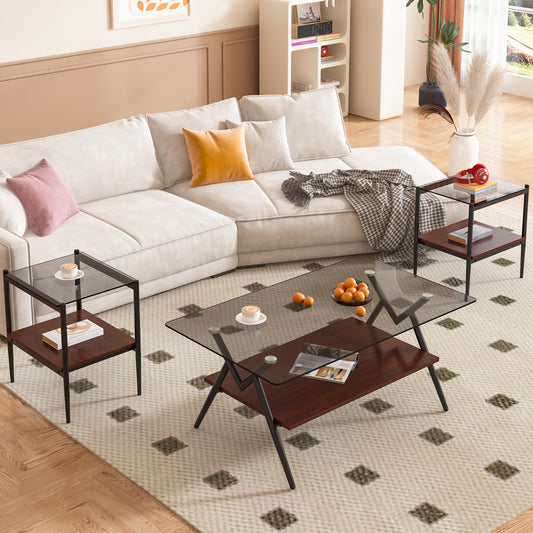 Modern coffee table with glass top and rich wood shelves perfect for living rooms
