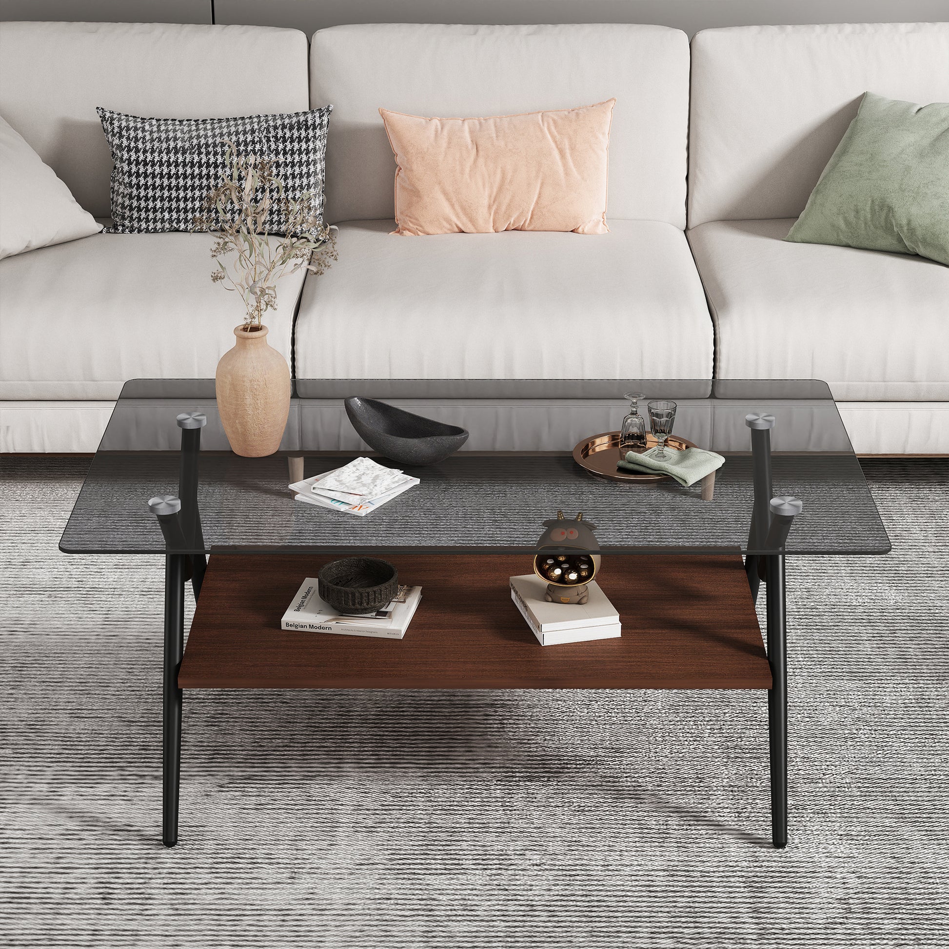 Modern coffee table with smoked glass top and dark wood shelf