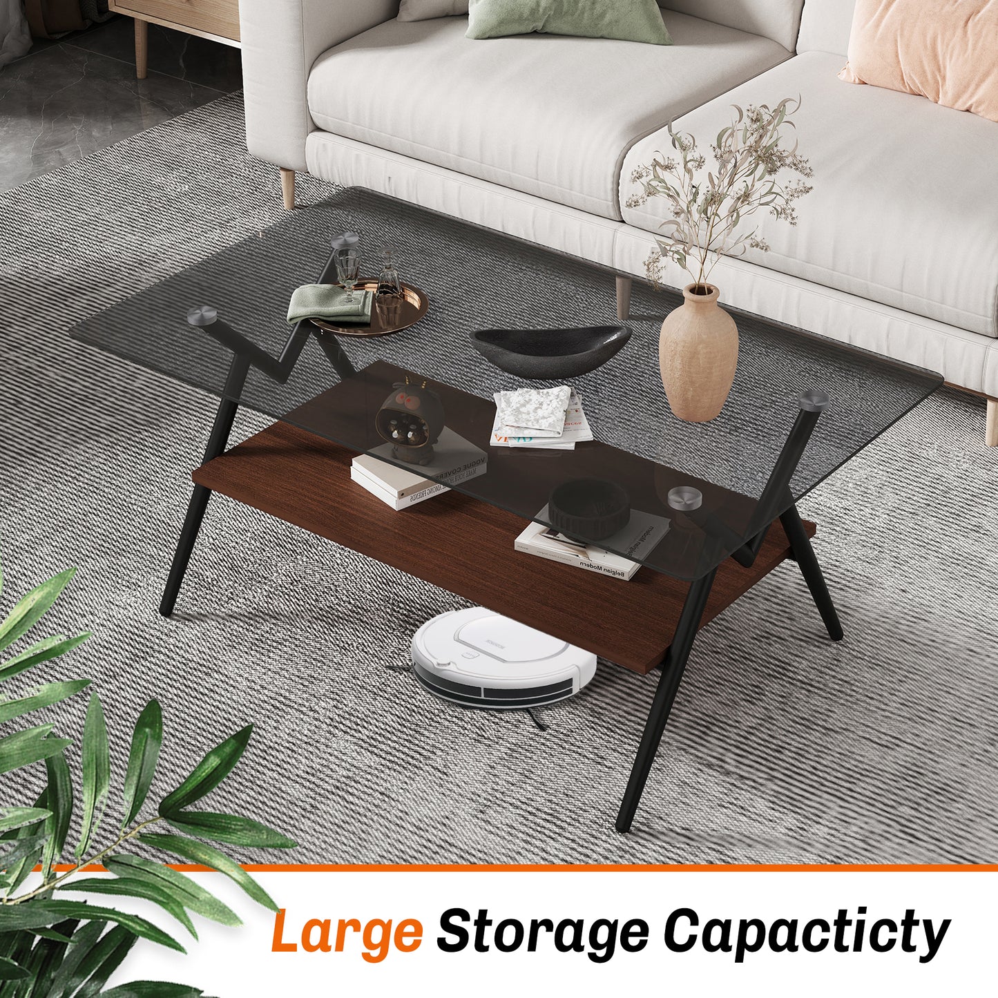 Modern twotier coffee table with smoked glass top and walnut shelf