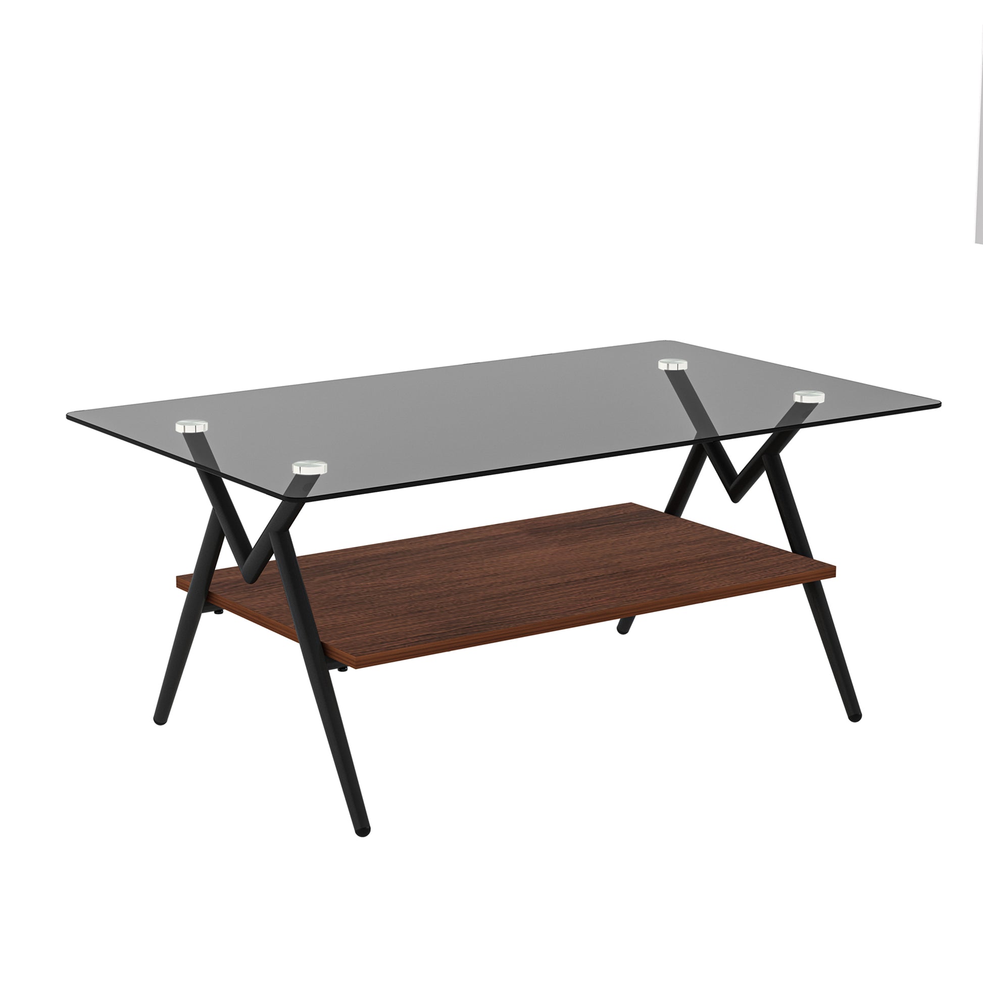 Modern coffee table with smoked glass top and walnut shelf featuring black metal legs