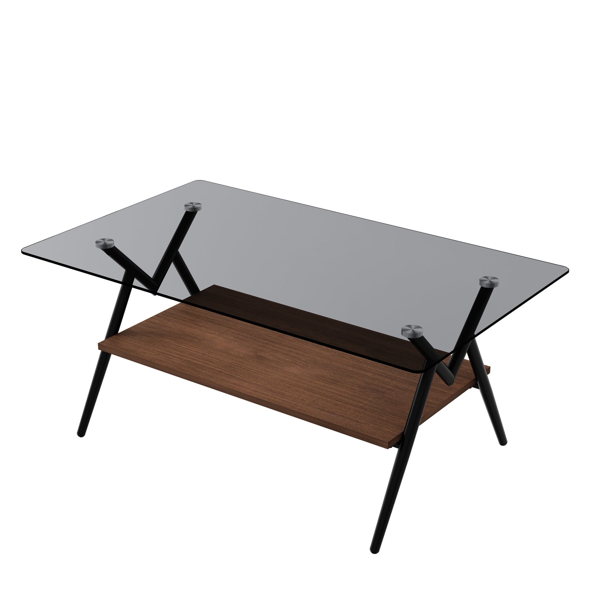 Modern coffee table with smoked glass top and walnut shelf