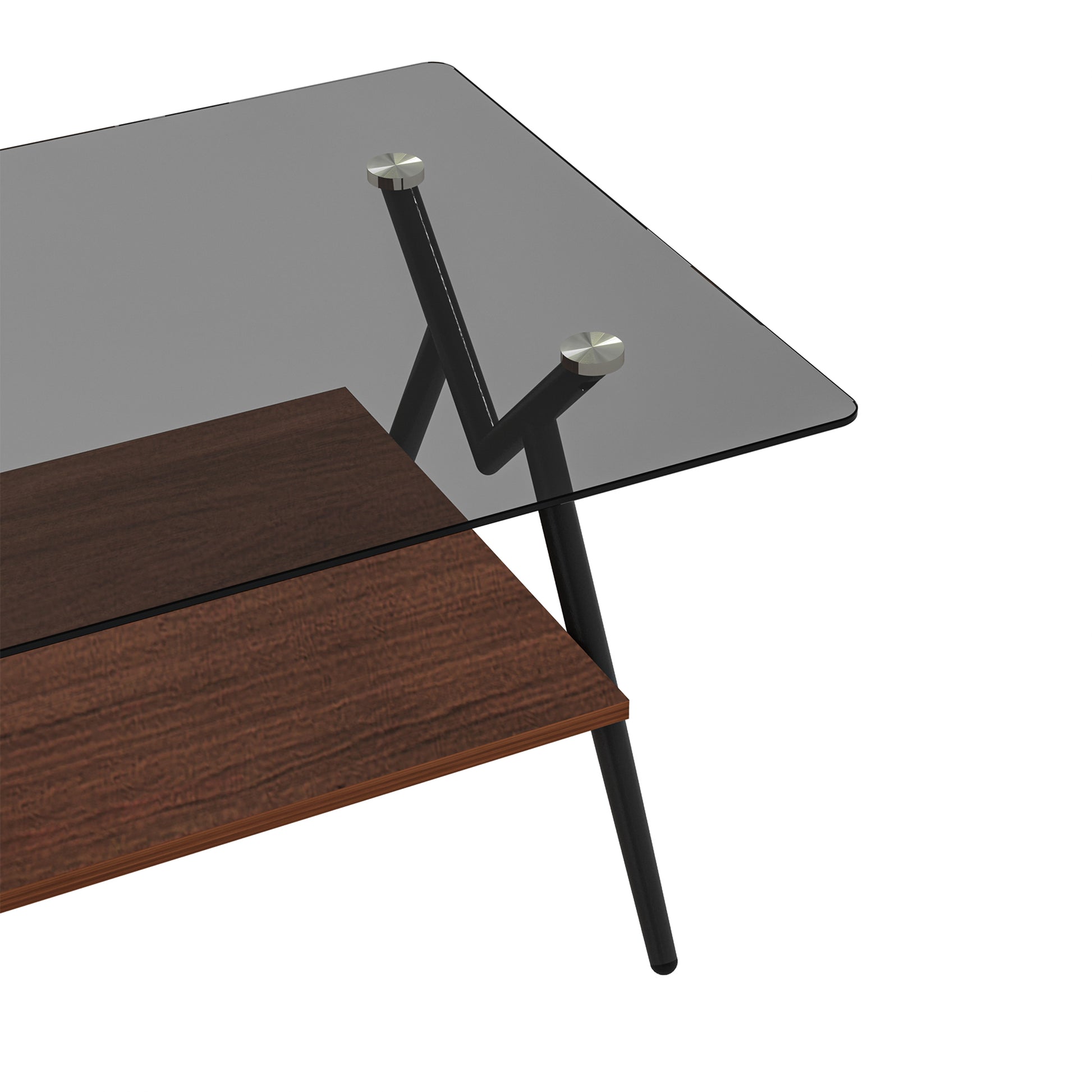 Modern coffee table with a clear tempered glass top and dark wood shelf