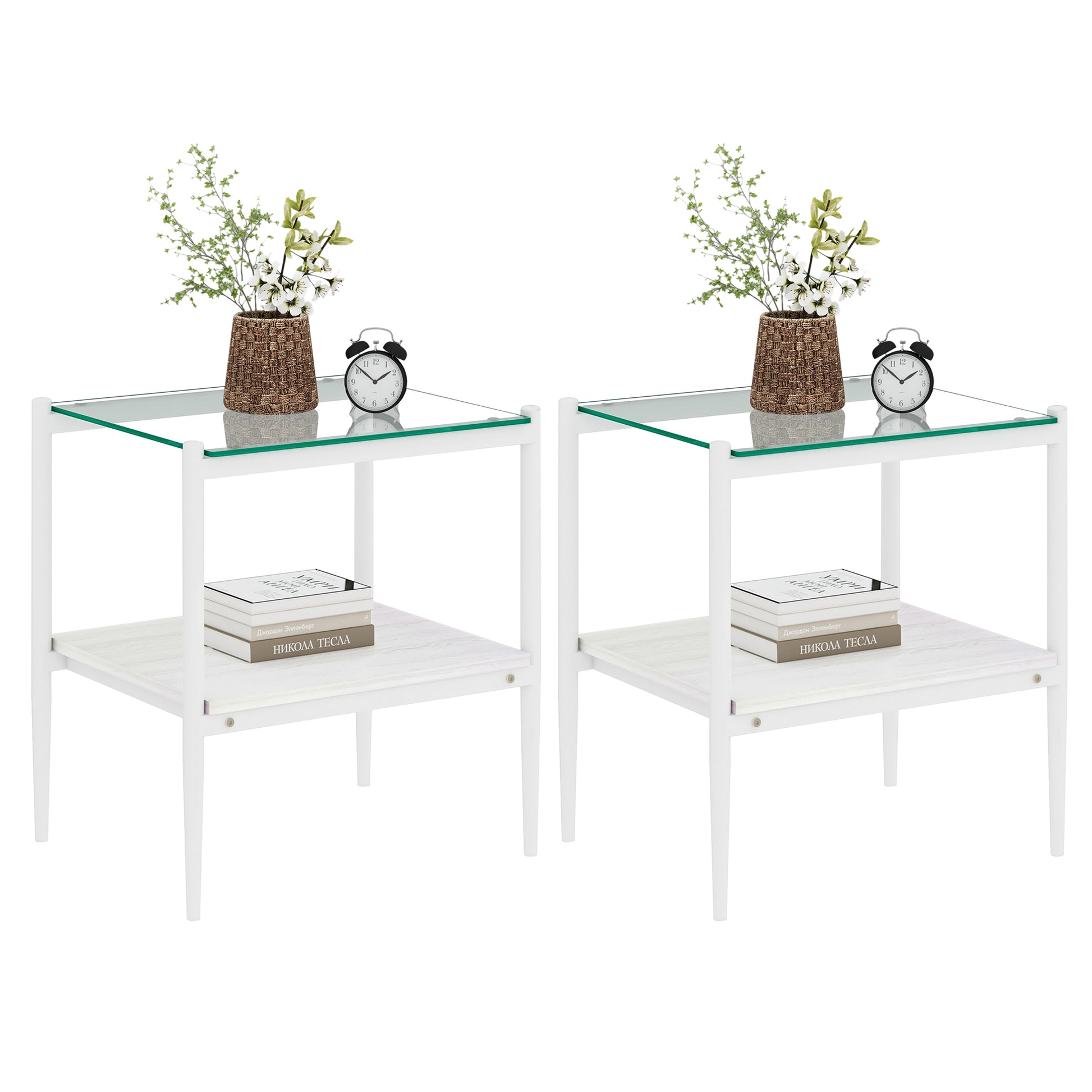 Two white metal side tables with glass tops displaying decorative items
