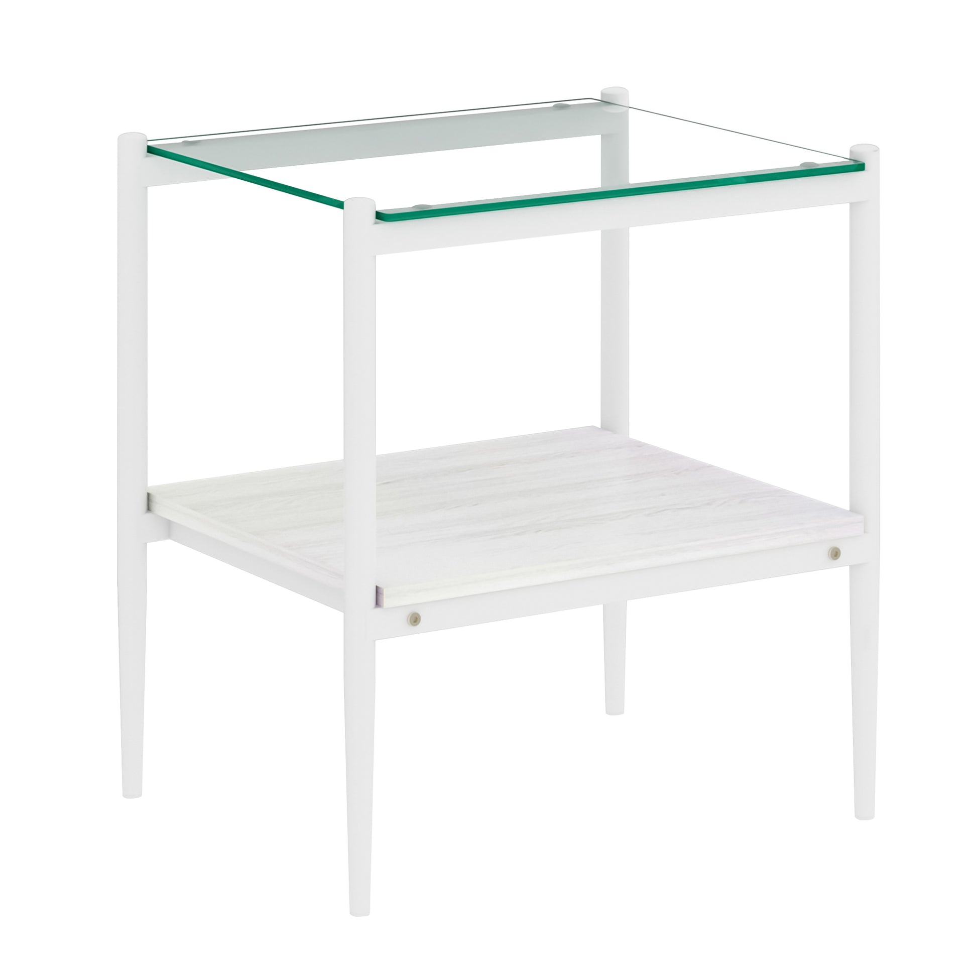 Modern white end table with clear glass top and wood grain shelf