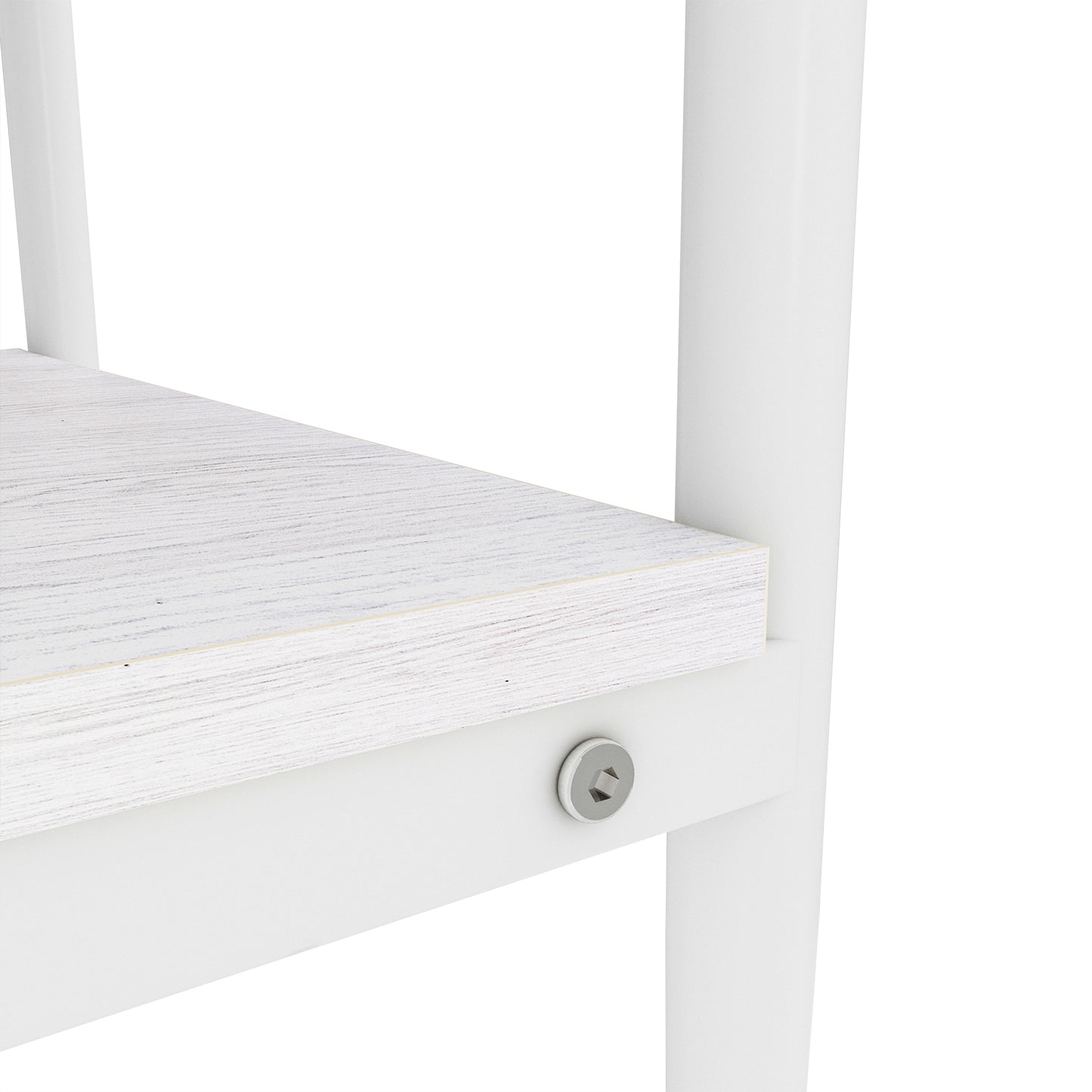 Closeup of white distressed wood shelf with visible grain texture and a silver bolt accent