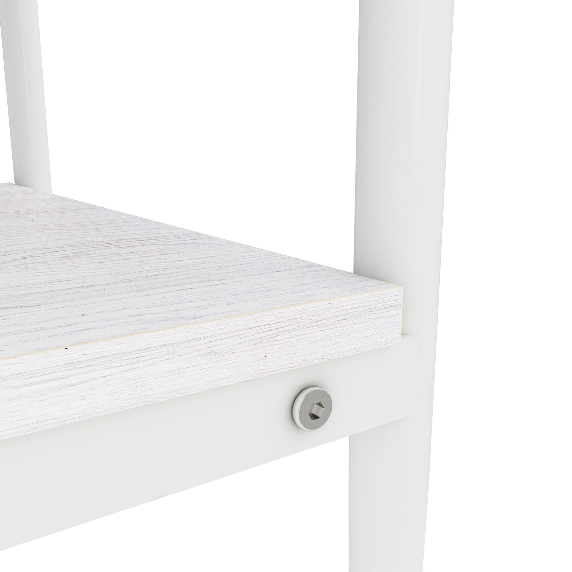 Closeup of white distressed wood shelf with visible grain texture and a silver bolt accent