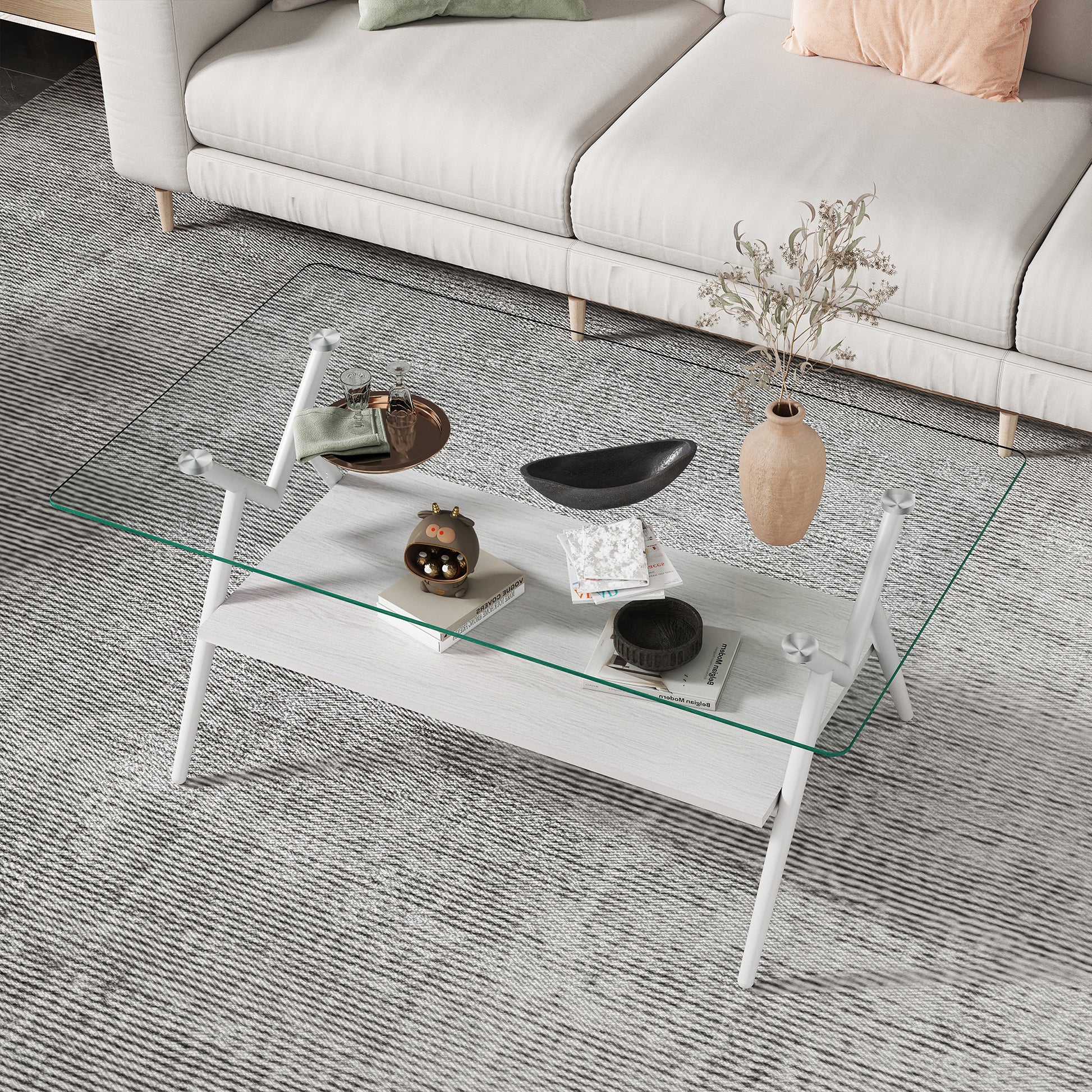 Modern glass coffee table with white base and light wood shelf