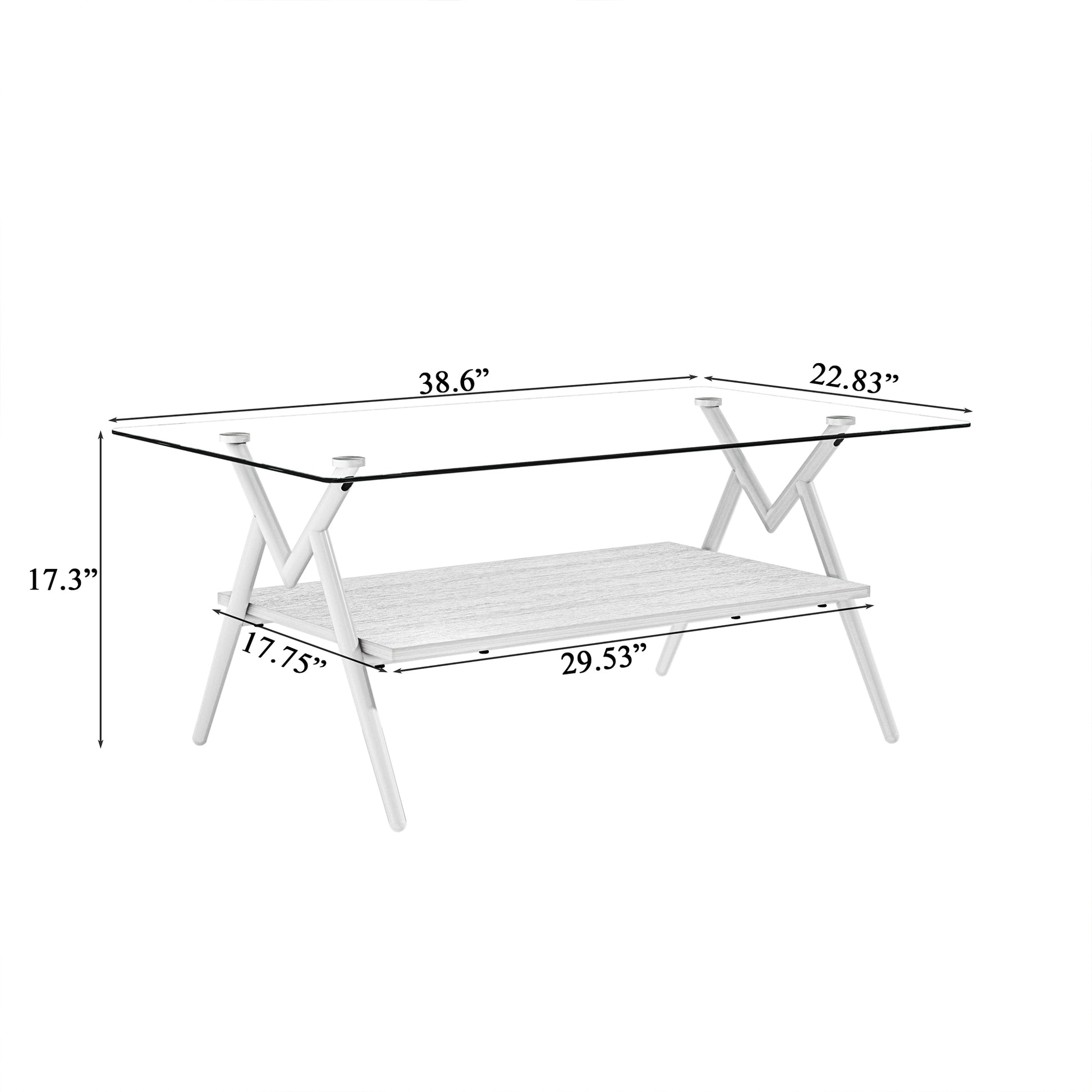 White modern coffee table with glass top and wooden shelf