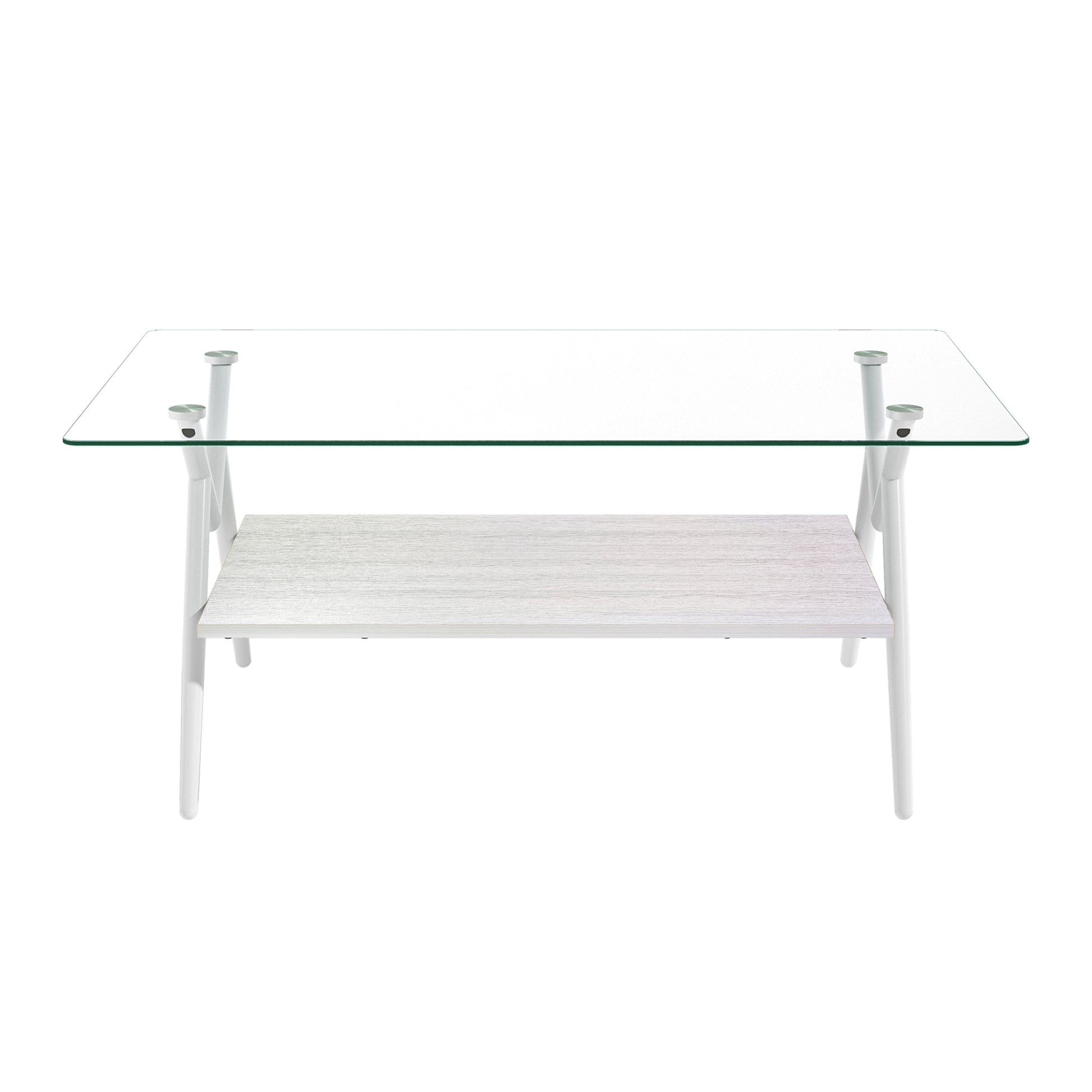 White modern coffee table with clear glass top and slatted shelf