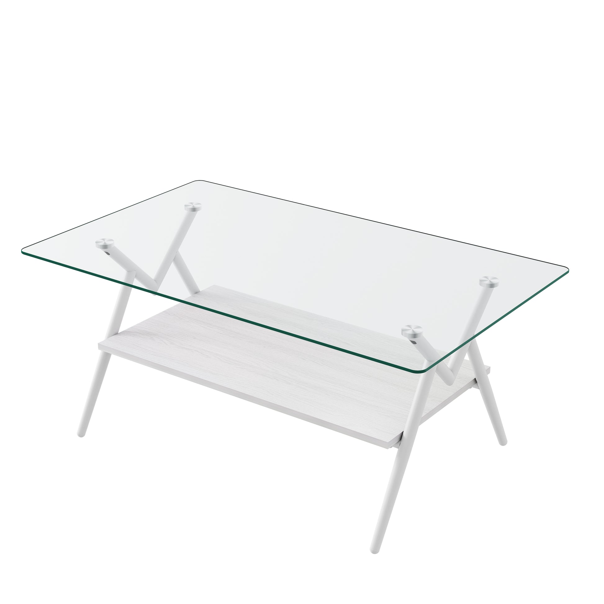 Modern glass coffee table with white base and faux marble shelf