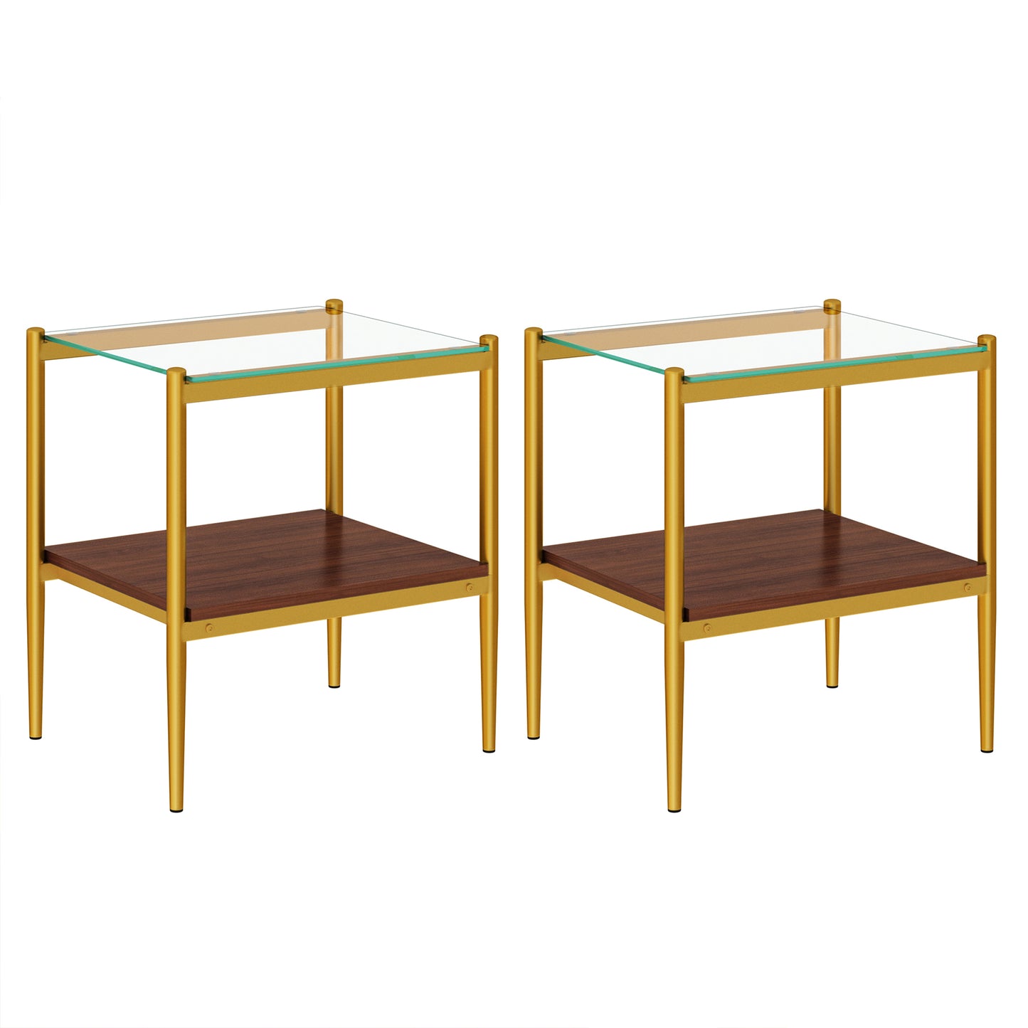 Pair of modern gold end tables with clear glass tops and wood shelves