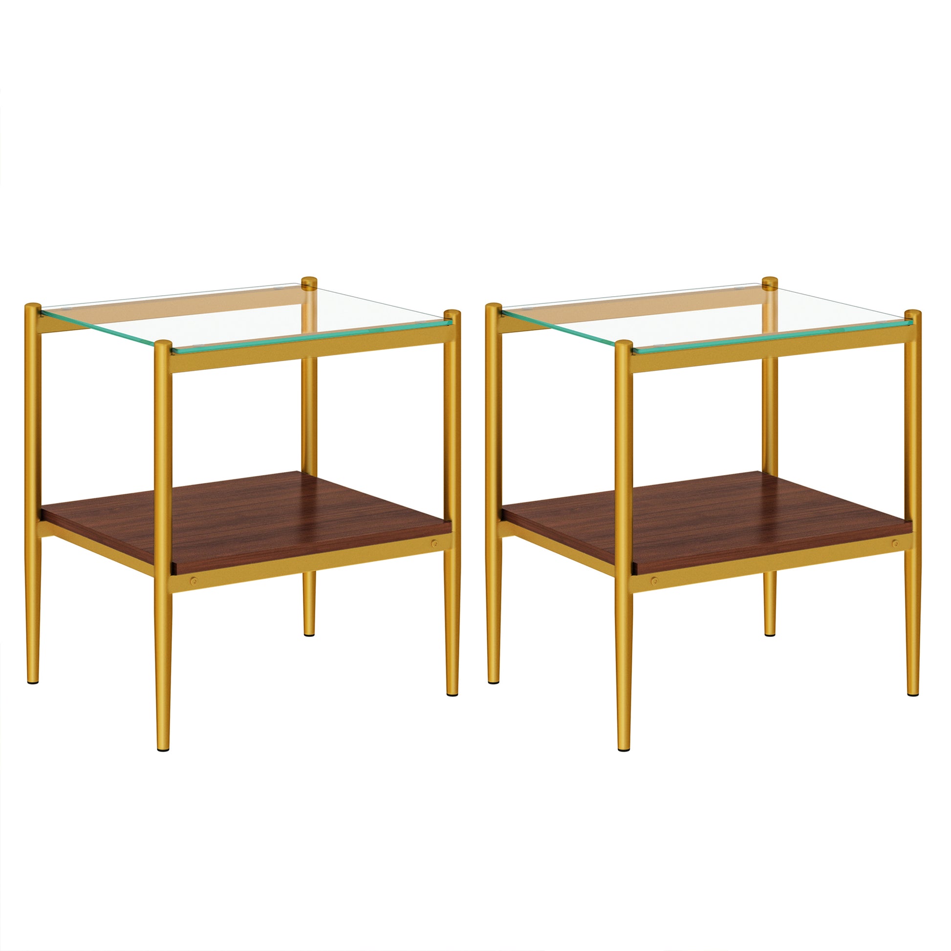 Pair of modern gold end tables with clear glass tops and wood shelves
