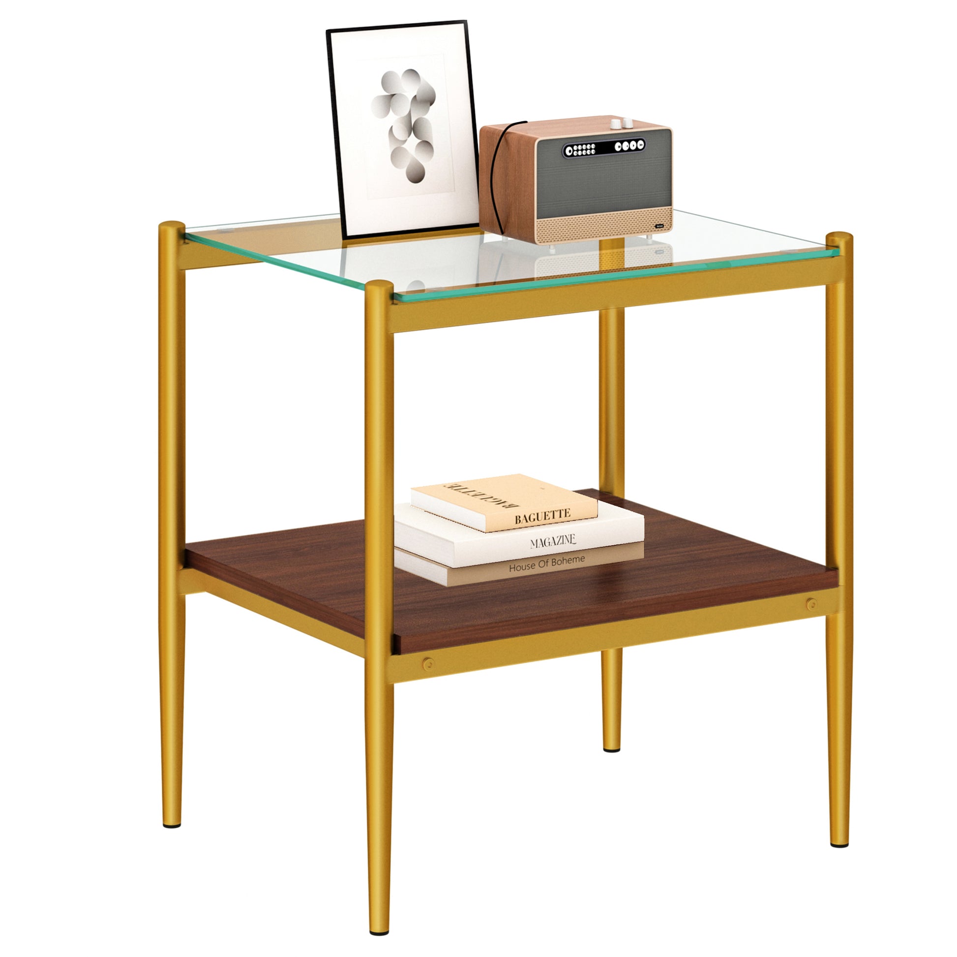 Gold metal side table with glass top and walnut shelf