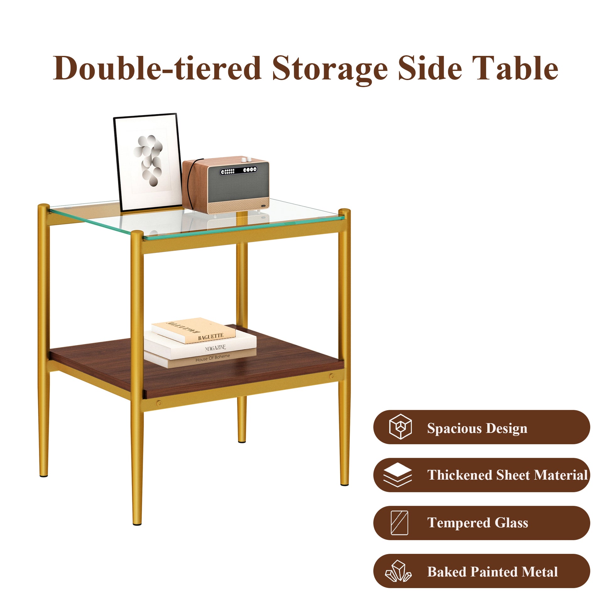 Gold metal frame doubletiered side table with tempered glass top and walnut shelf