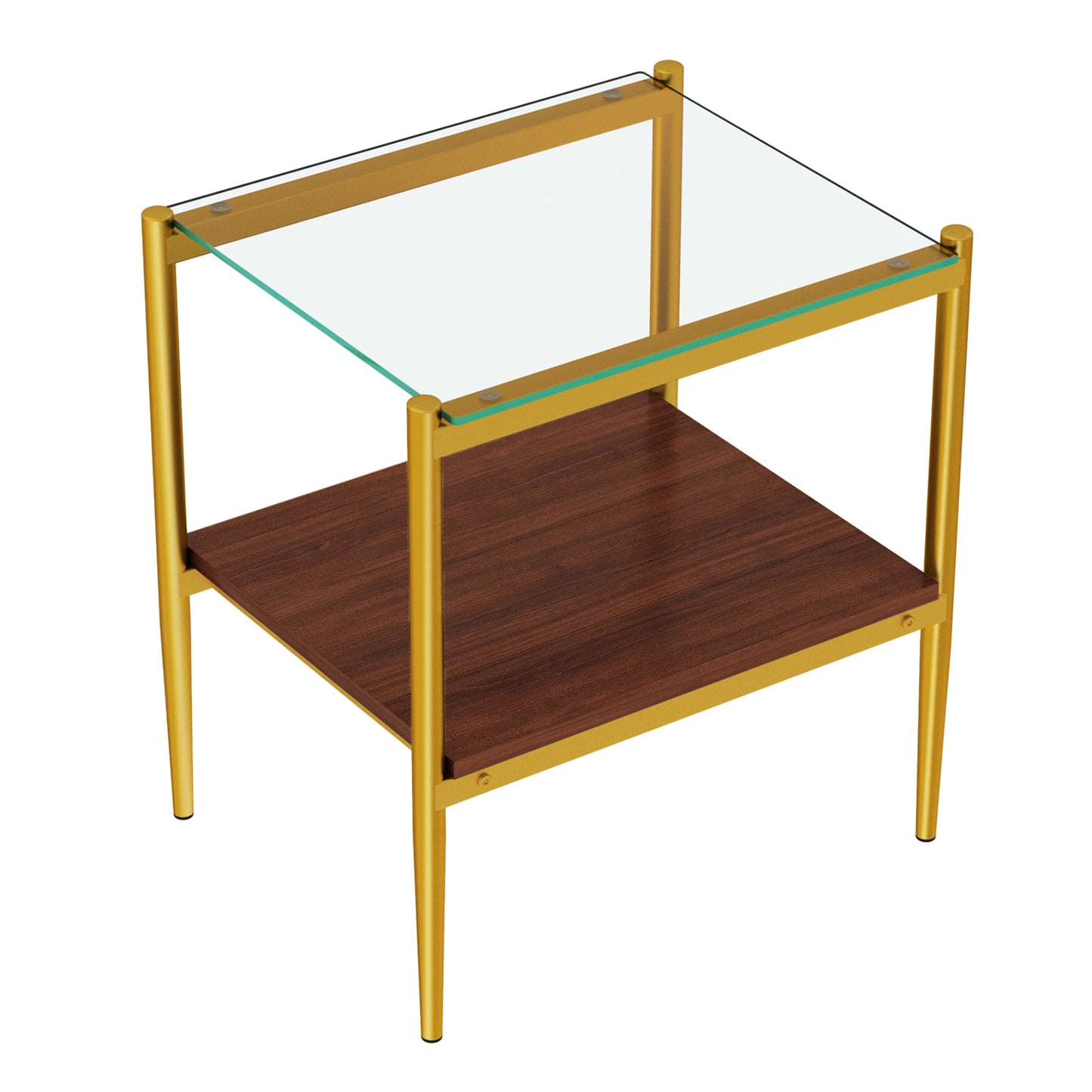 Gold metal end table with glass top and walnut shelf