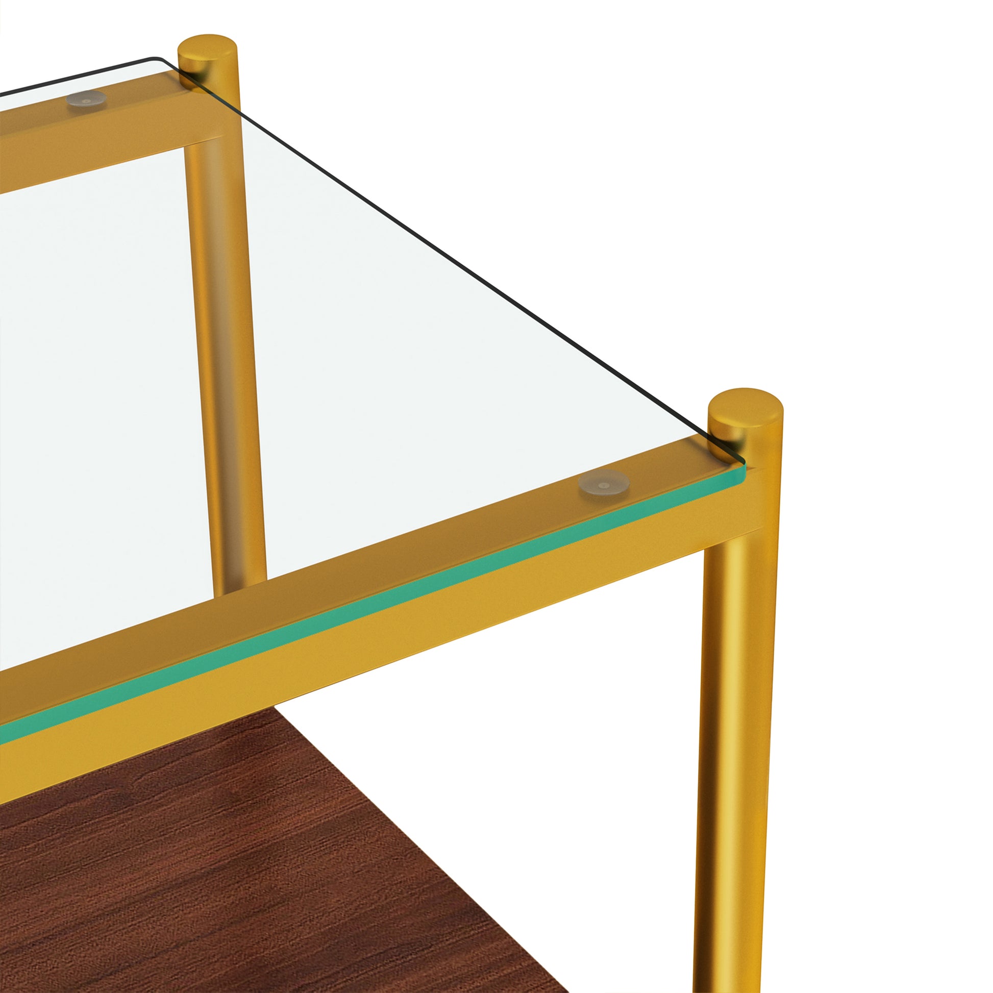 Gold metal frame end table with clear glass top and faux wood shelf