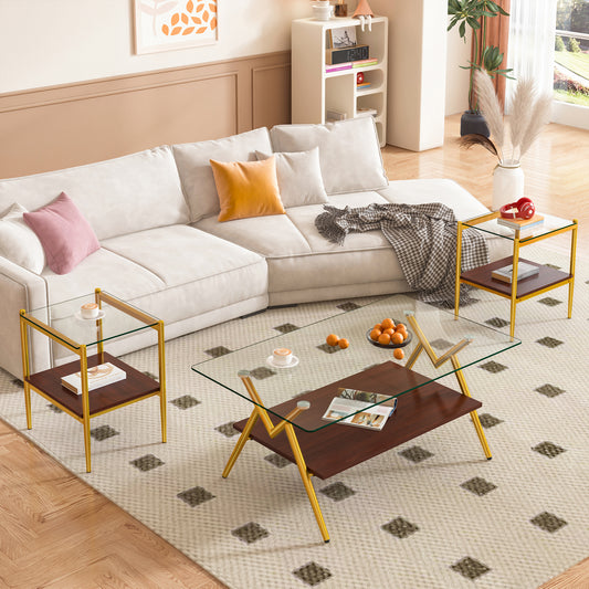 Modern glass coffee table with walnut finish and gold legs perfect for living rooms