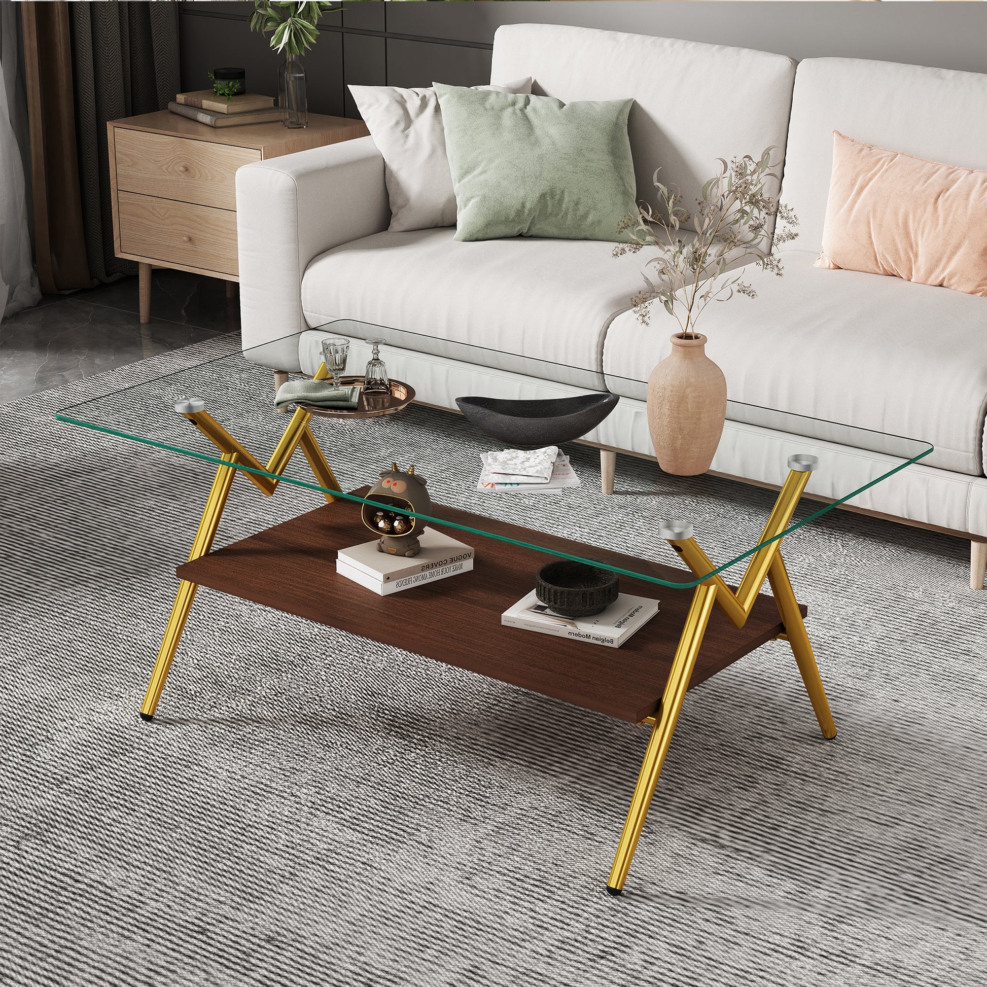 Modern glass top coffee table with dark wood shelf and gold metal legs