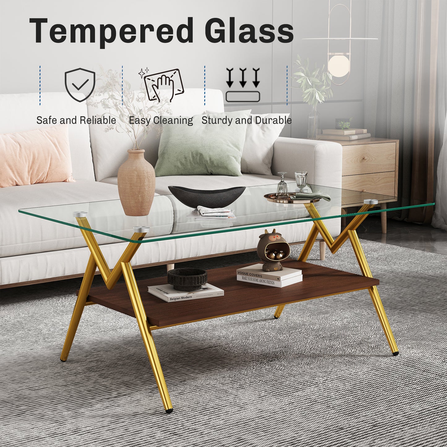 Modern coffee table with clear tempered glass top and rich walnut finish shelf with gold legs