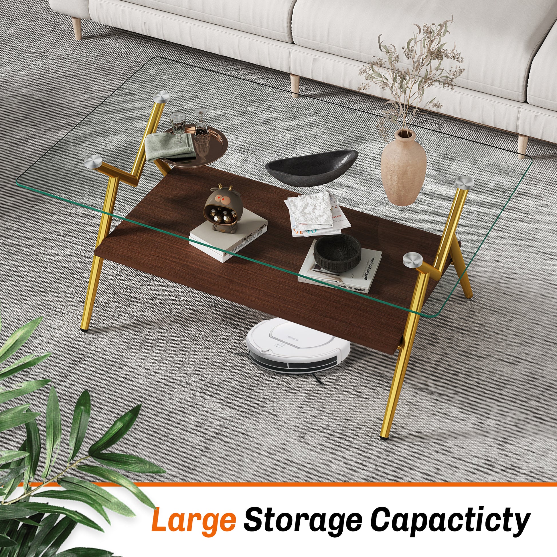 Walnut and glass coffee table with gold metal legs on a patterned rug