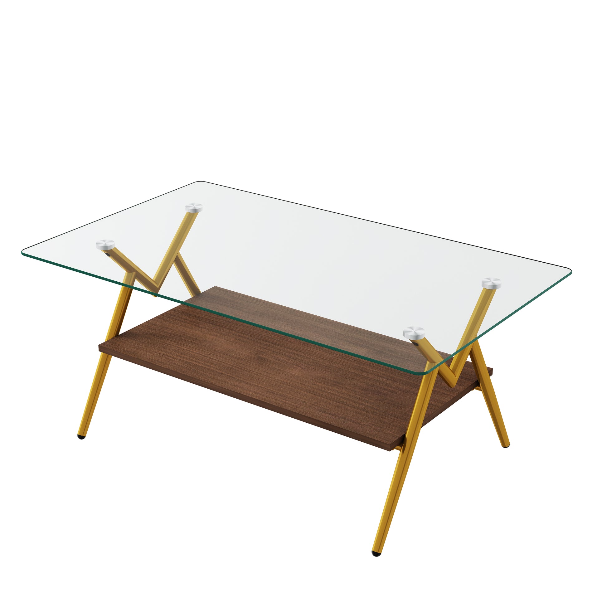 Modern glass coffee table with golden Xshaped legs and walnut shelf