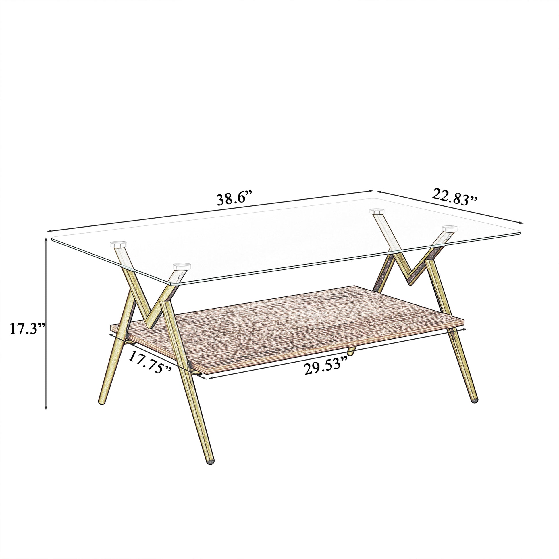 Glass top coffee table with gold Xframe legs and wood textured shelf