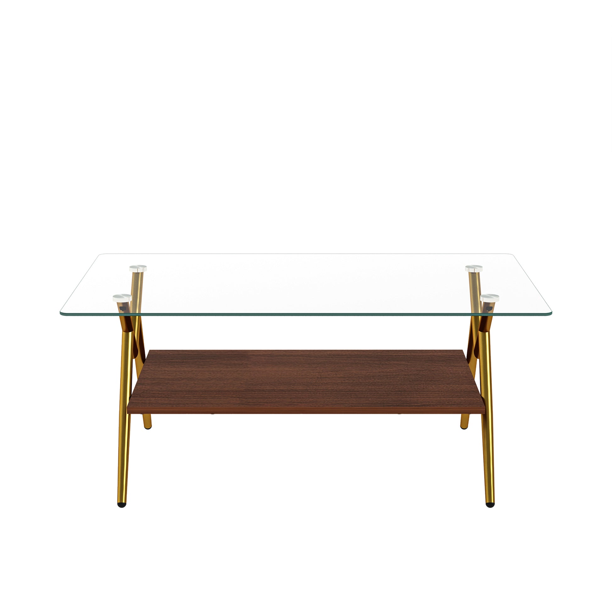 Modern gold metal coffee table with glass top and wood shelf