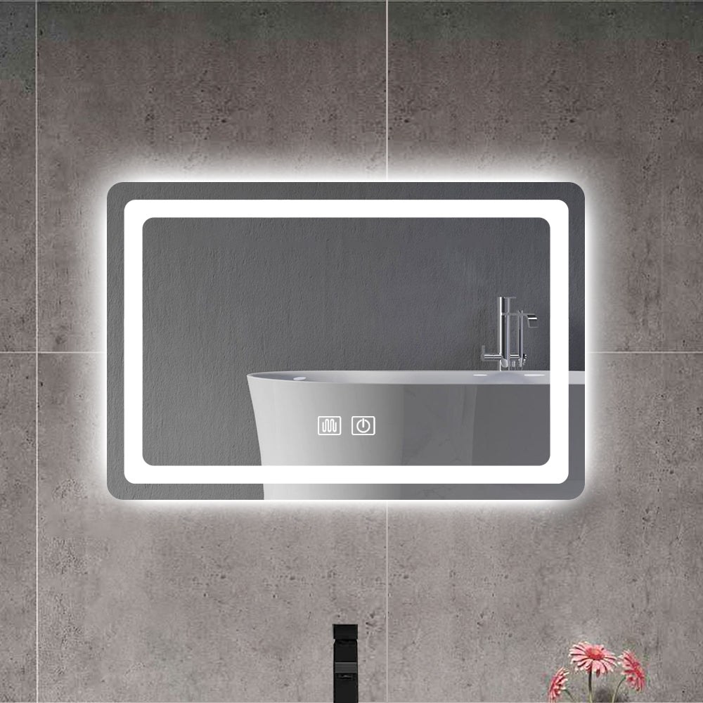 Rectangular bathroom mirror with integrated LED lighting and touch controls for a modern look